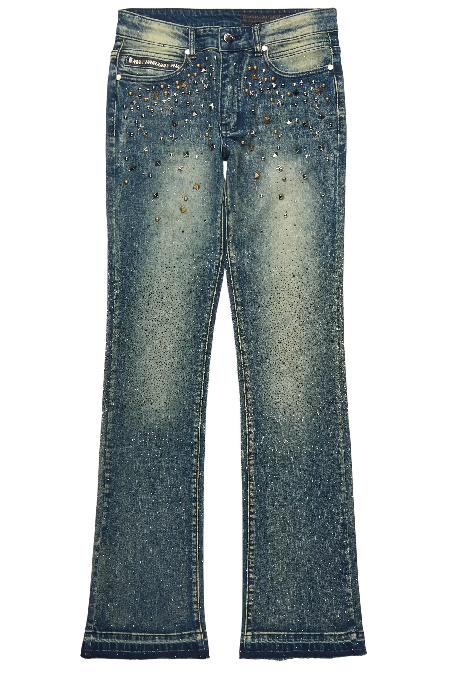 Onyx Dark Blue Studded Stacked Flare Jean