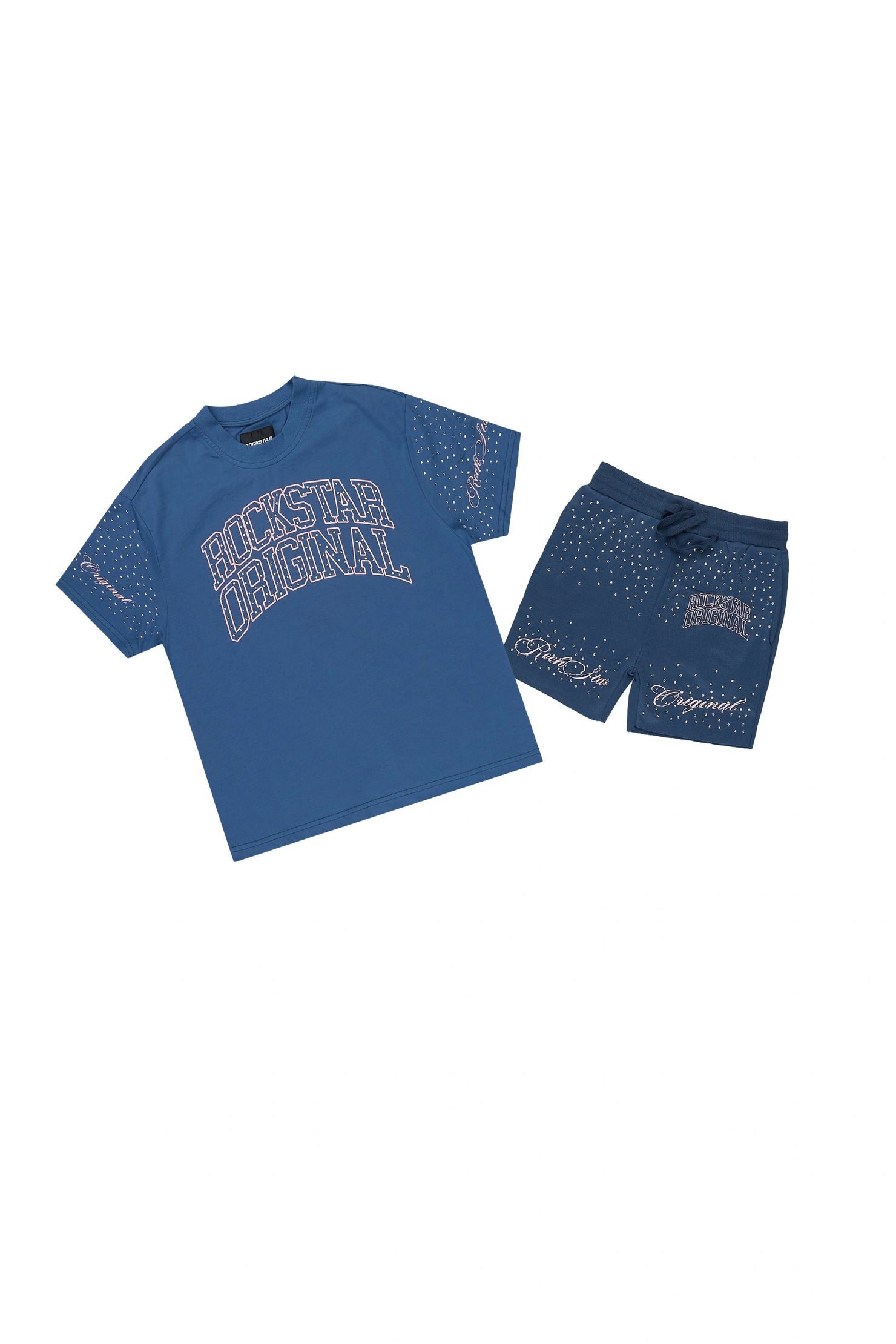 Girls Lakisha Navy Rhinestone Oversized T-Shirt Short Set