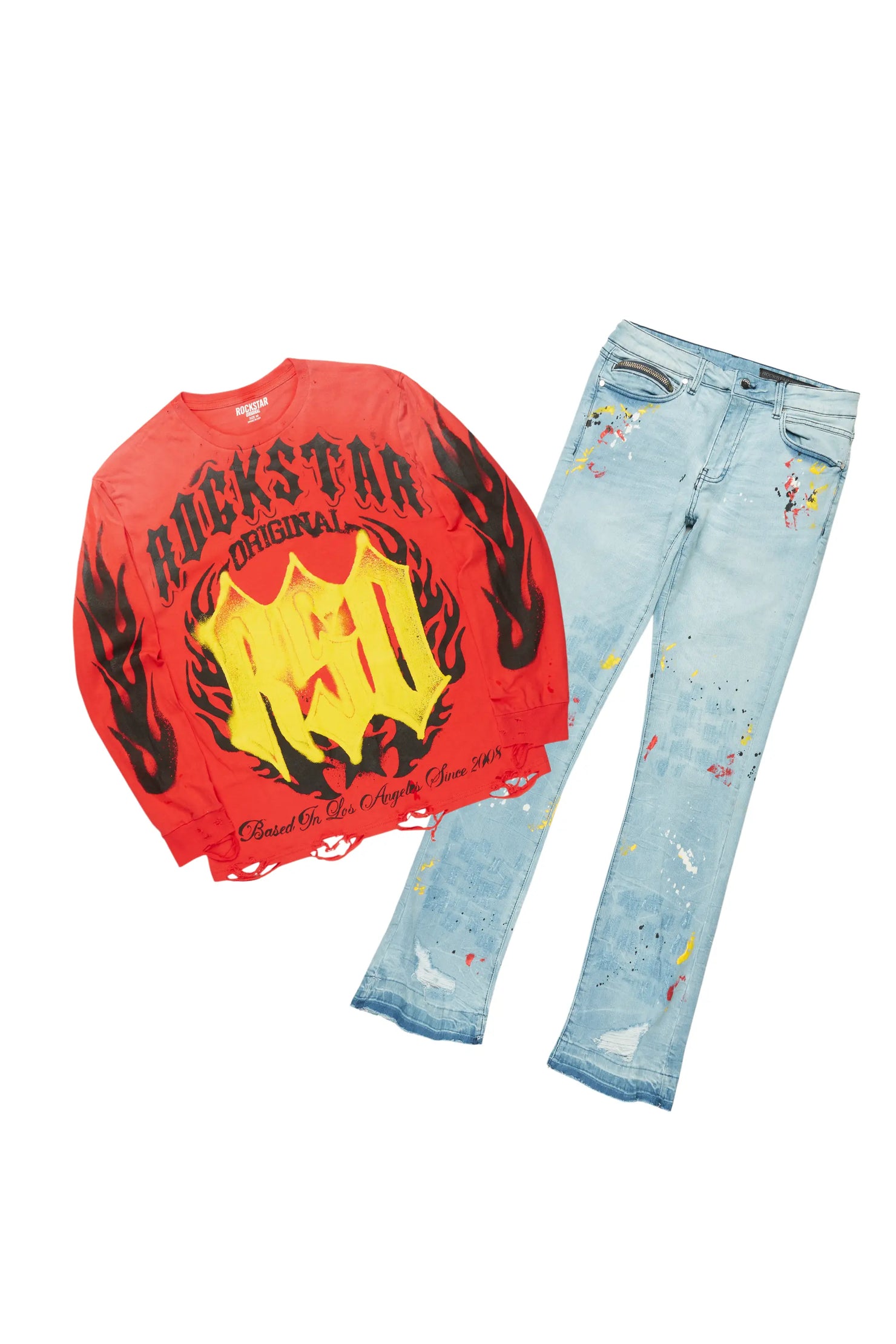 Boaz Red Long Sleeve/Stacked Flare Jean Set