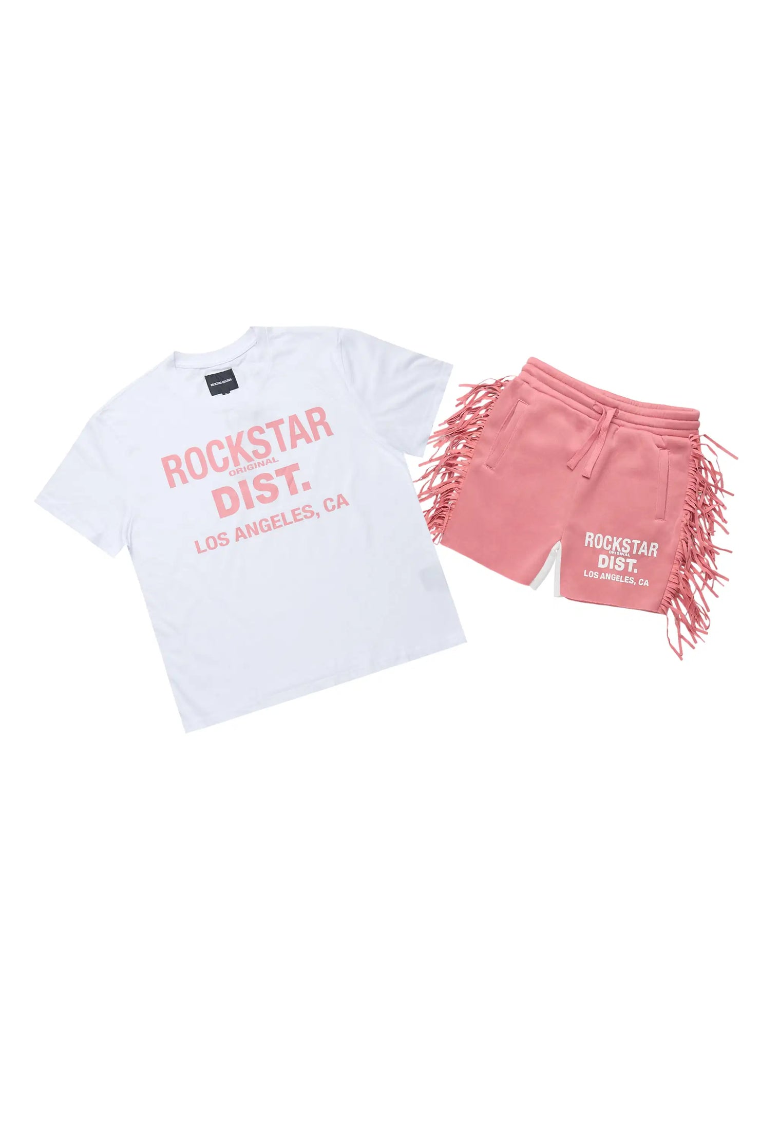 Girls Kendra White/Pink Graphic T-Shirt/Fringe Short Set