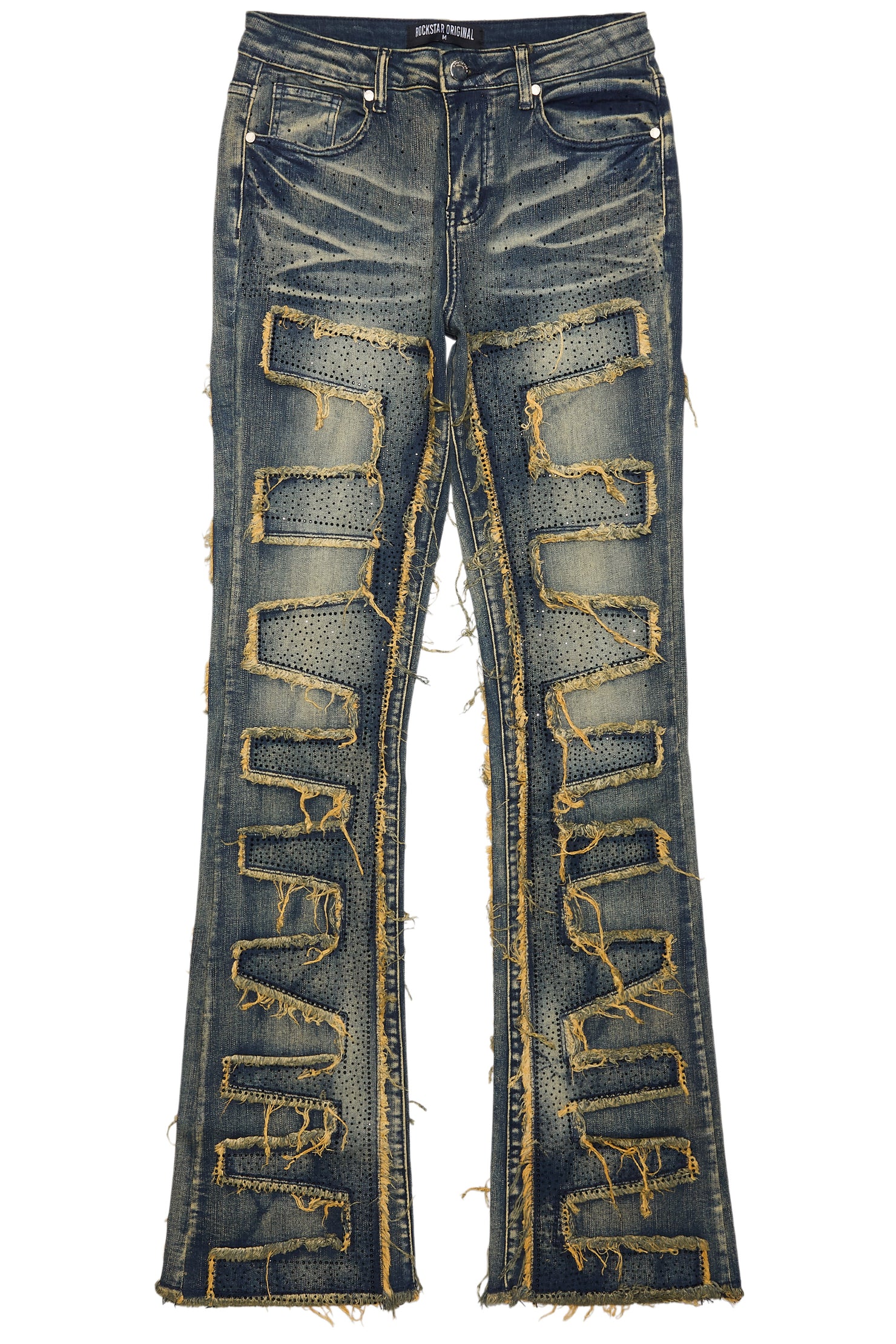 Zariyah Tinted Dark Wash Rhinestone Stacked Flare Jean