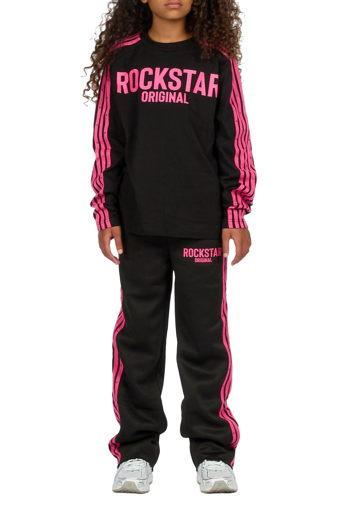 Girls Gulisa Black/Pink Rhinestone Long Sleeve Shirt Relaxed Track Set