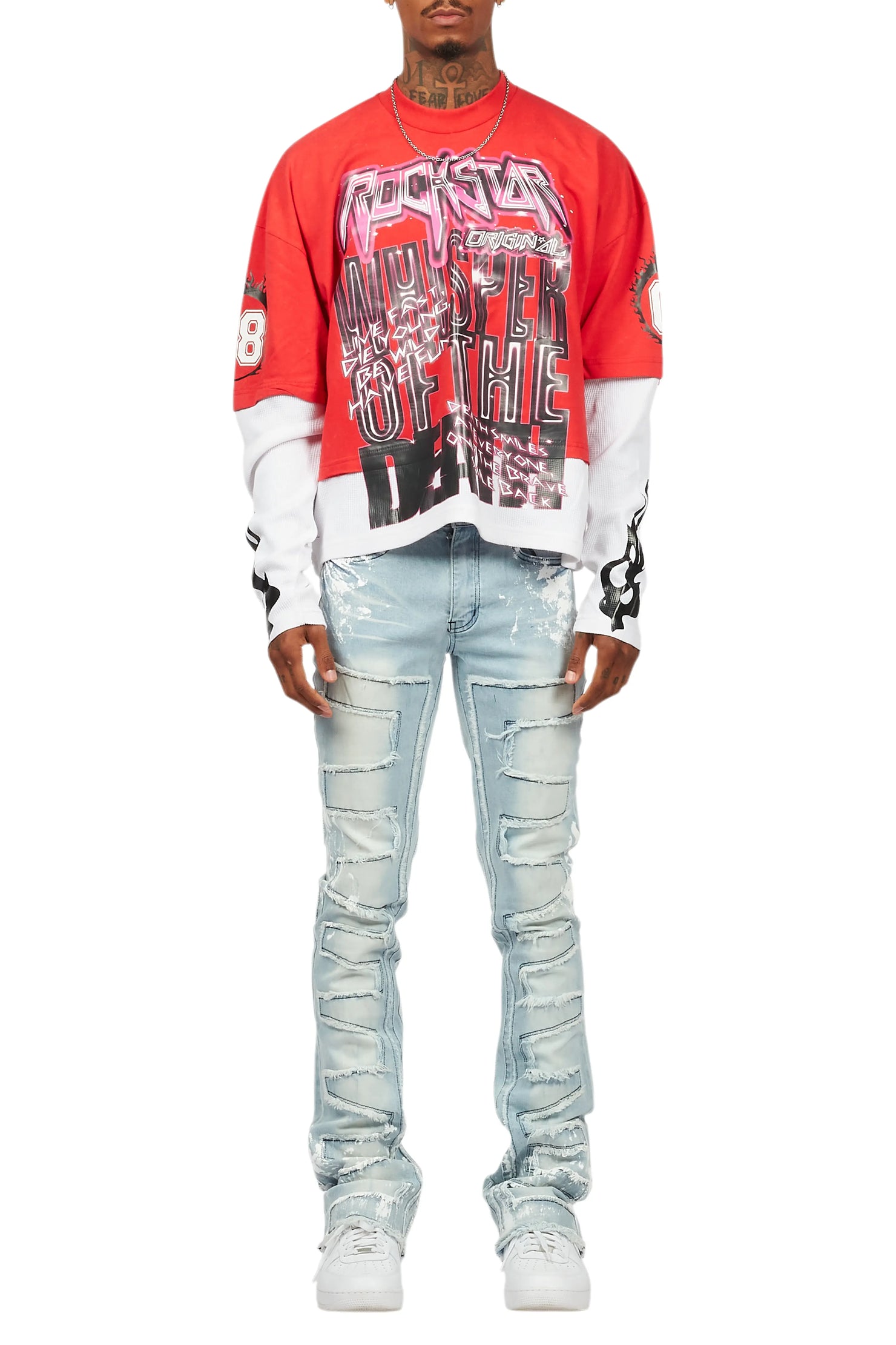 Kodak Blue/White Painter Stacked Flare Fringe Jean