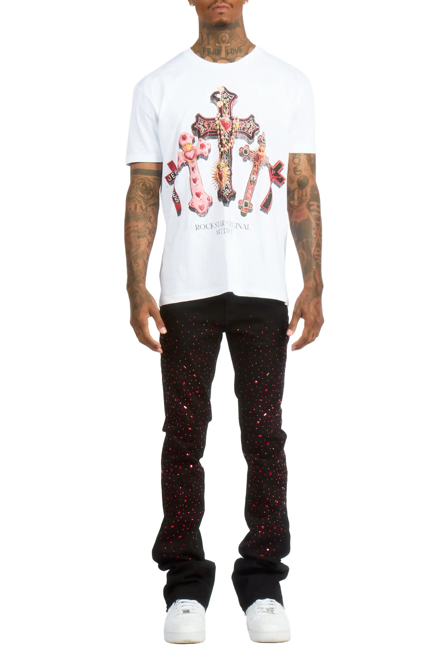 Xirel White/Black Oversized Graphic T-Shirt & Twinkle Rhinestone Stacked Flare Jean Set