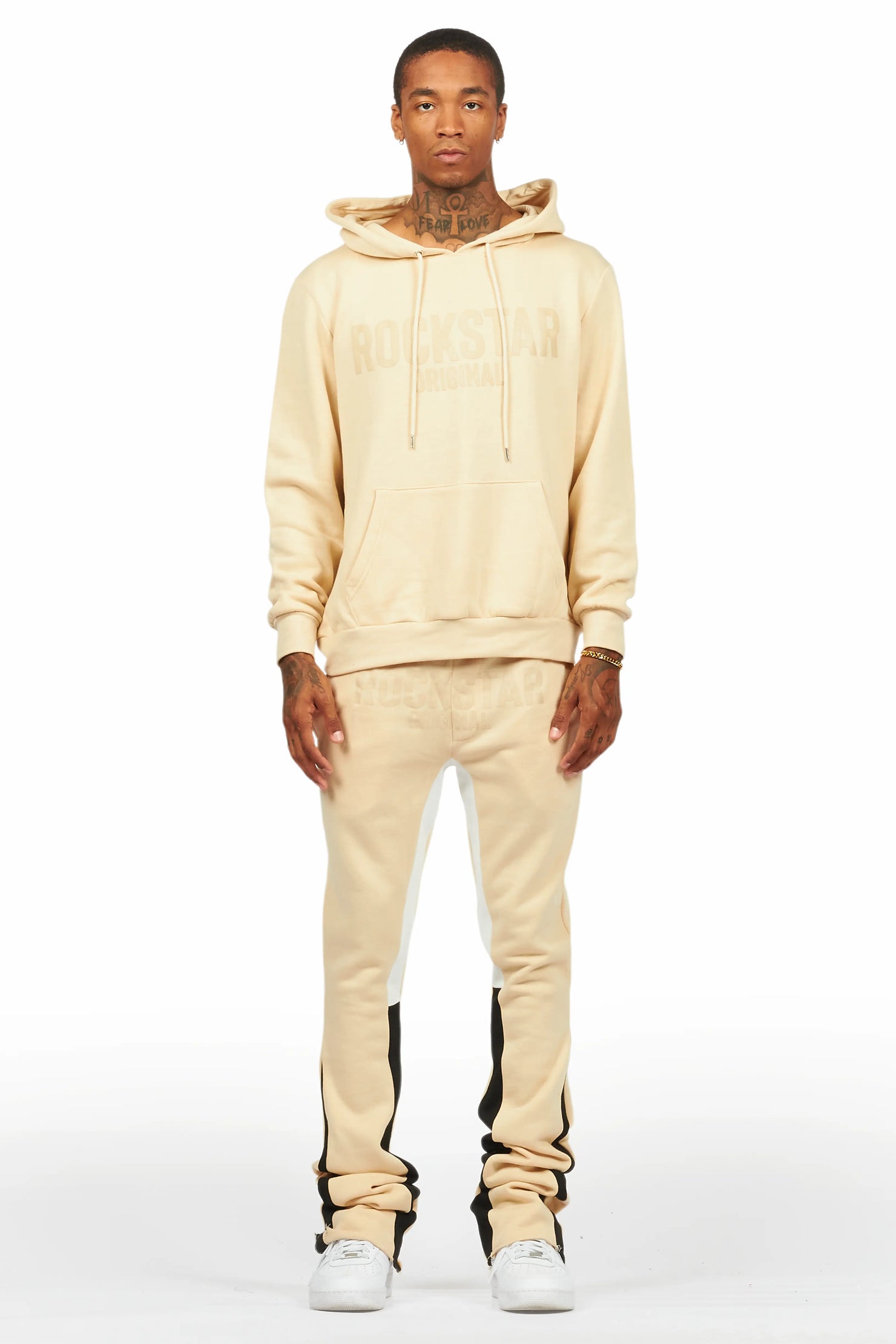 Sana Beige Hoodie/Stacked Flare Track Pant Set