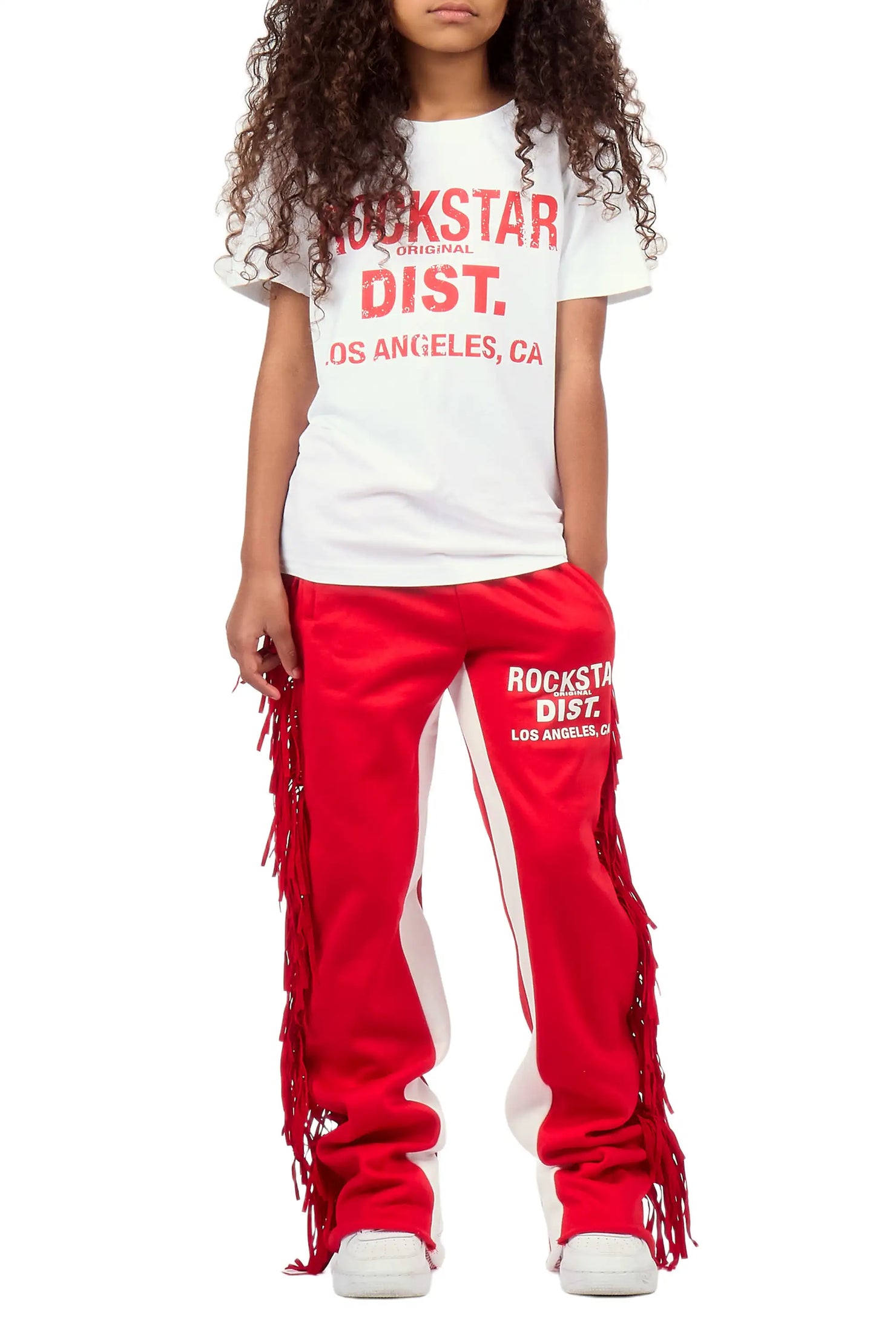 Girls Jannyk White/Red T-Shirt/Fringe Stacked Pant Set