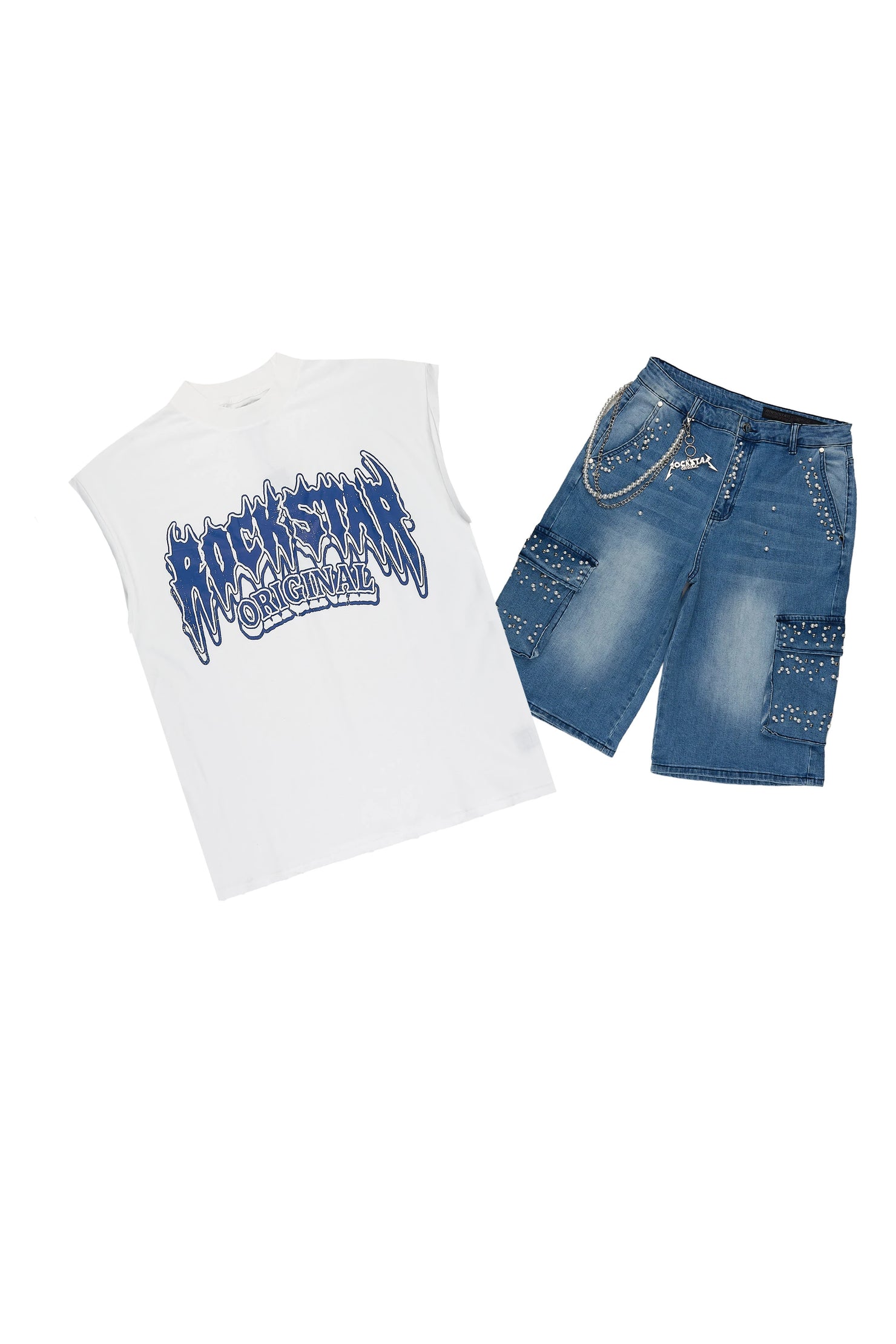 Teo Blue Rhinestone Cut Sleeve T-Shirt Denim Jort Set