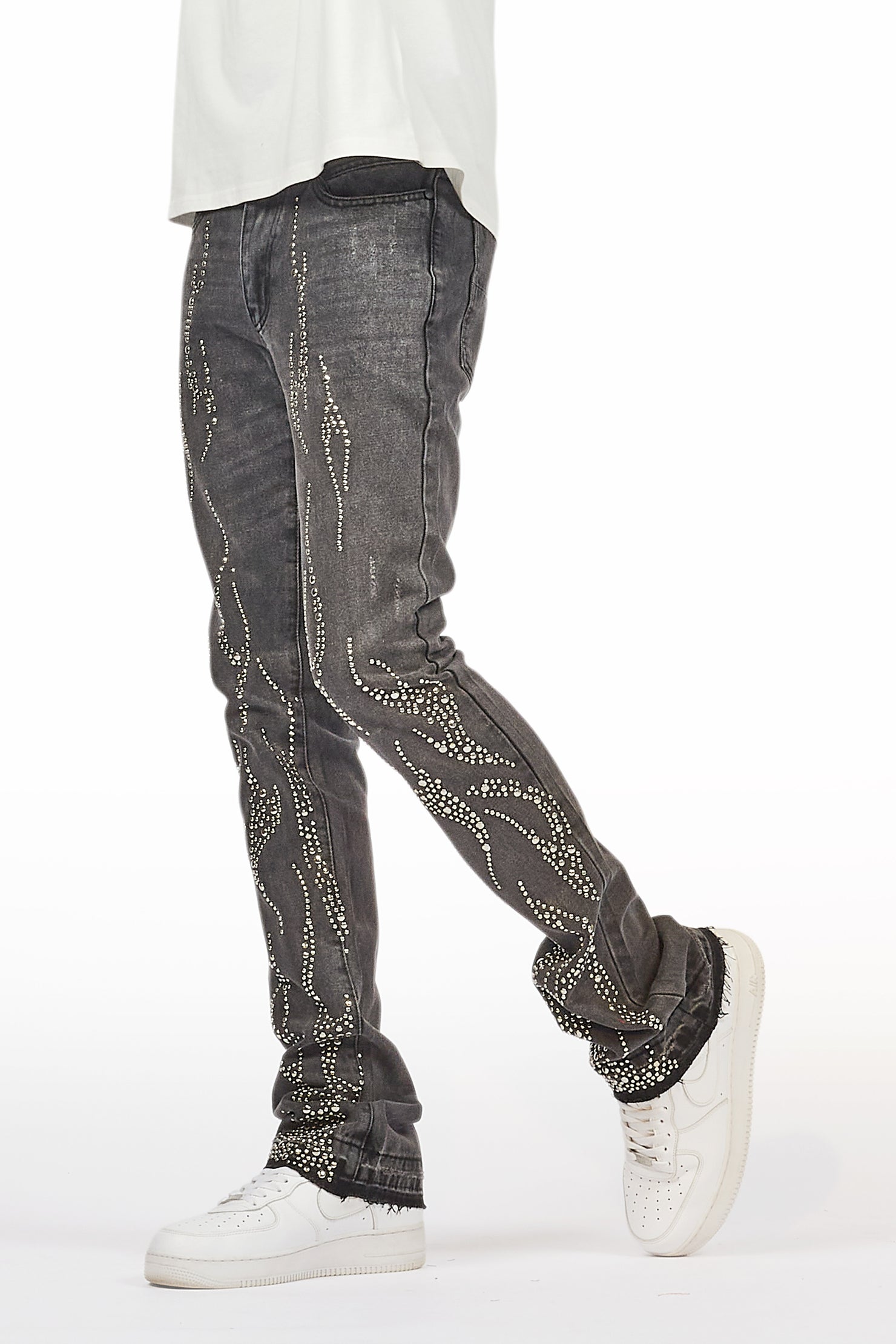 Tachi Dark Grey Rhinestone Stacked Flare Jean