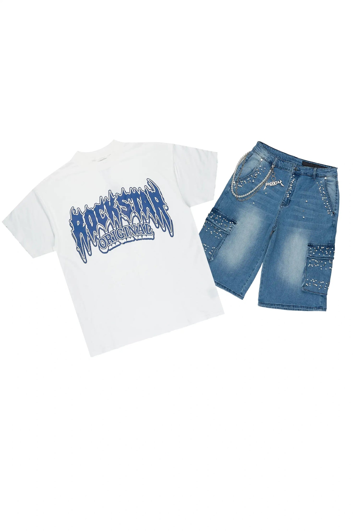 Teo Blue Rhinestone T-Shirt Denim Jort Set