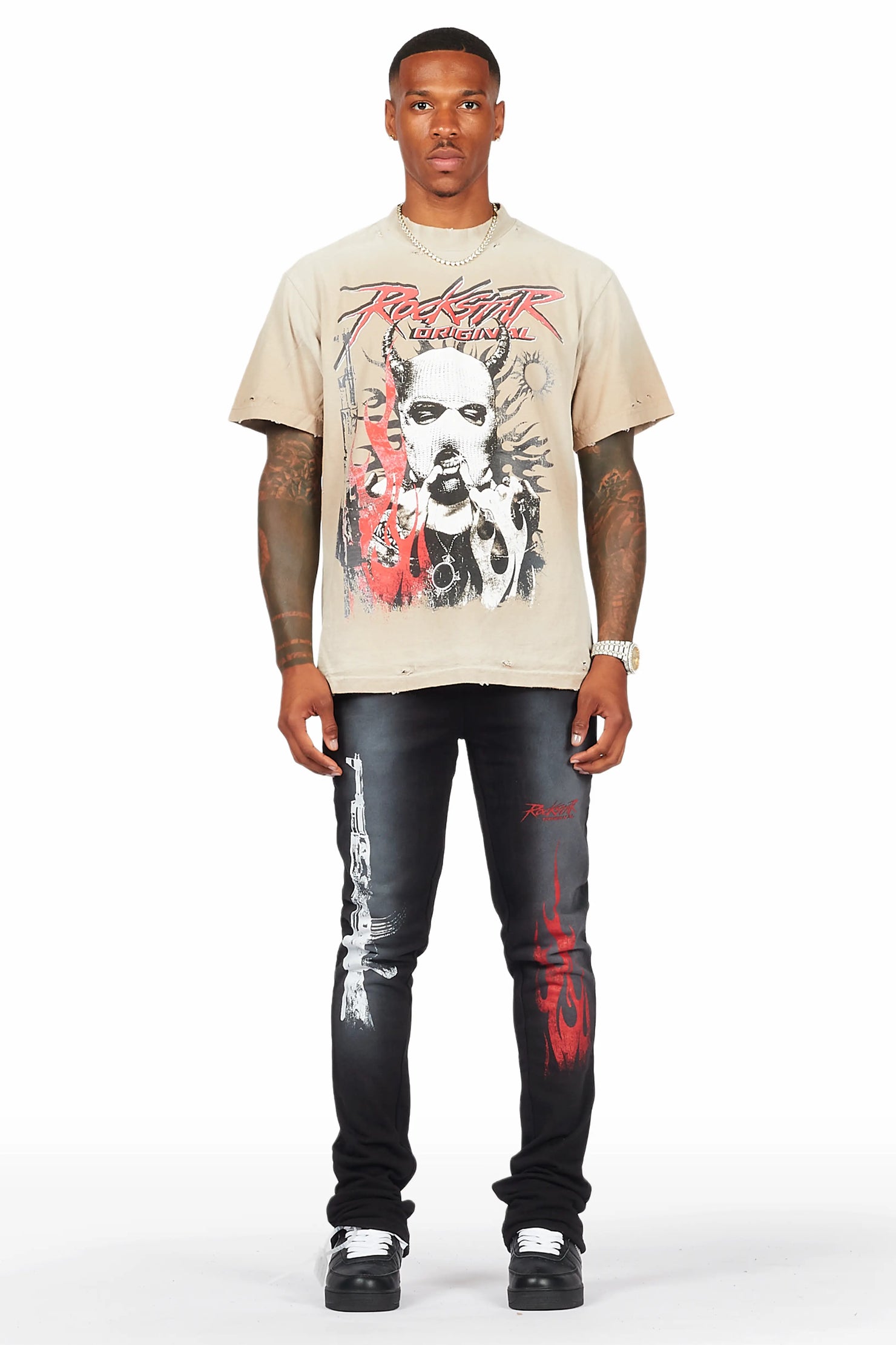 Mercy Beige/Black Oversized T-Shirt/ Stacked Flare Track Pant Set