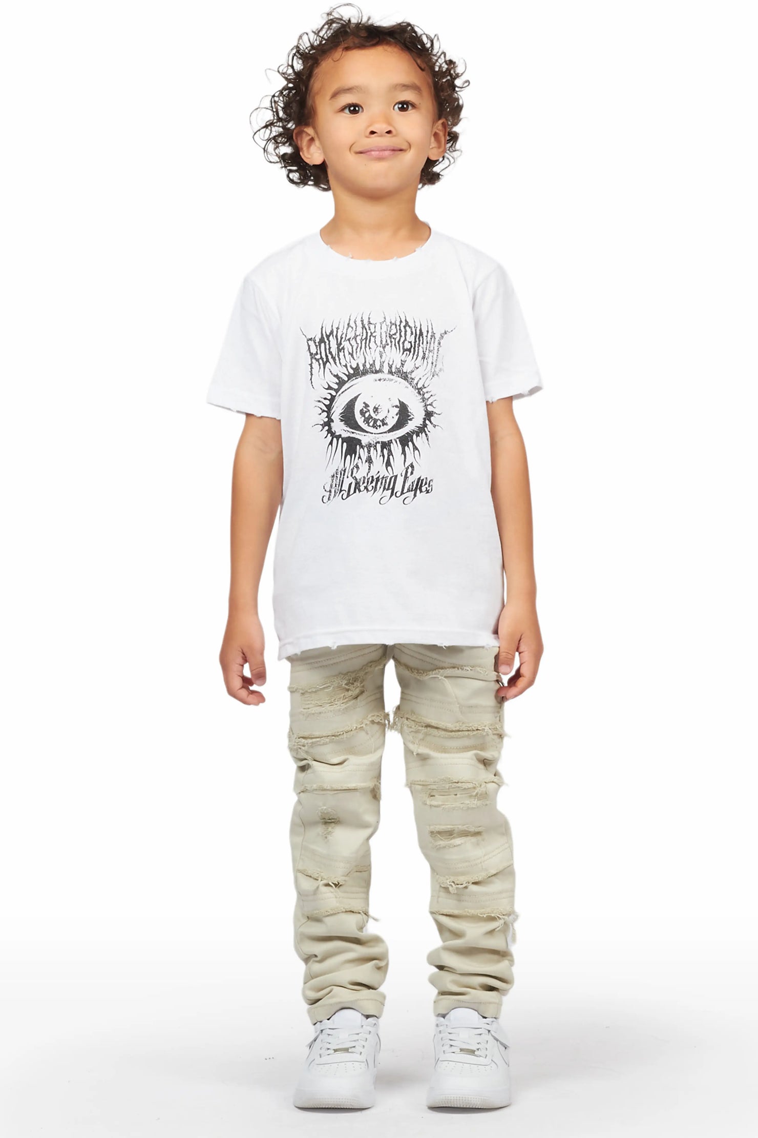Boys Saar White T-Shirt/Frayed Skinny Stacked Flare Jean Set