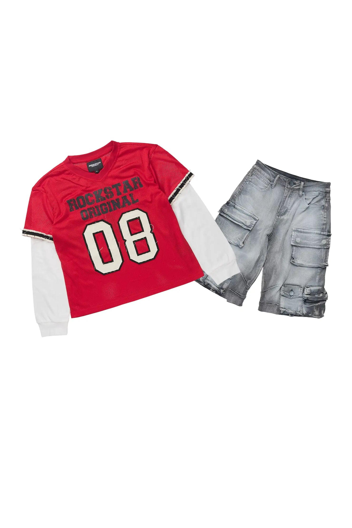 Boys Deston Red/Grey Double Layer T-Shirt/Denim Jort Set