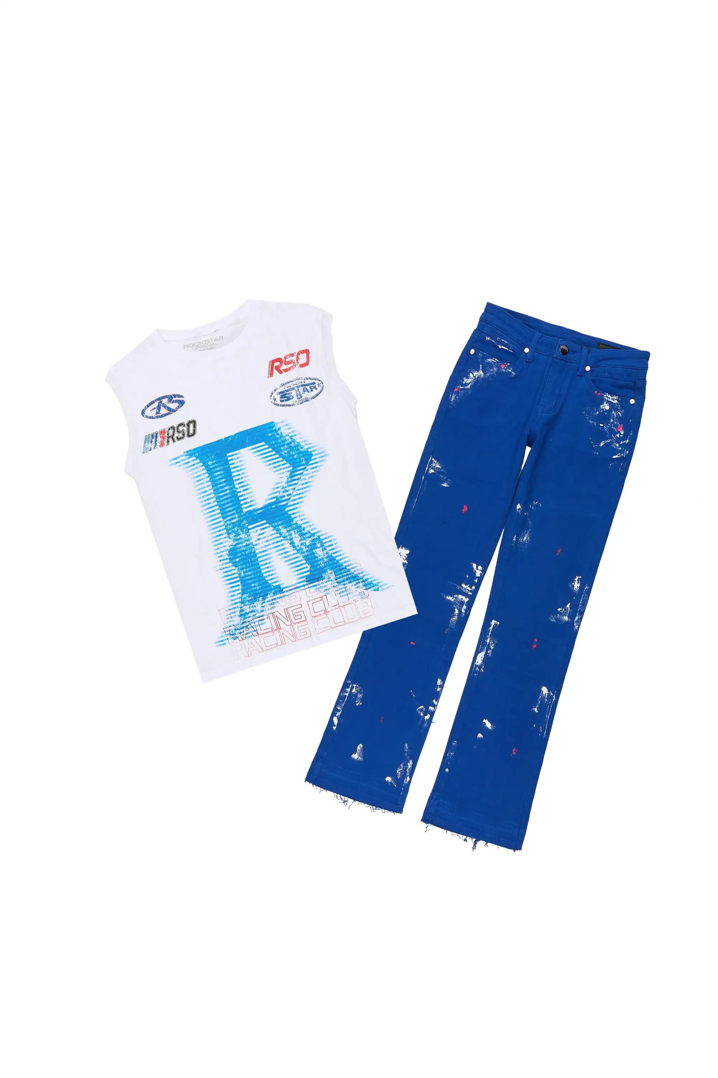 Boys Damarion White/Royal Cut Off T-Shirt Stacked Jean Set (ADDING PAINT)