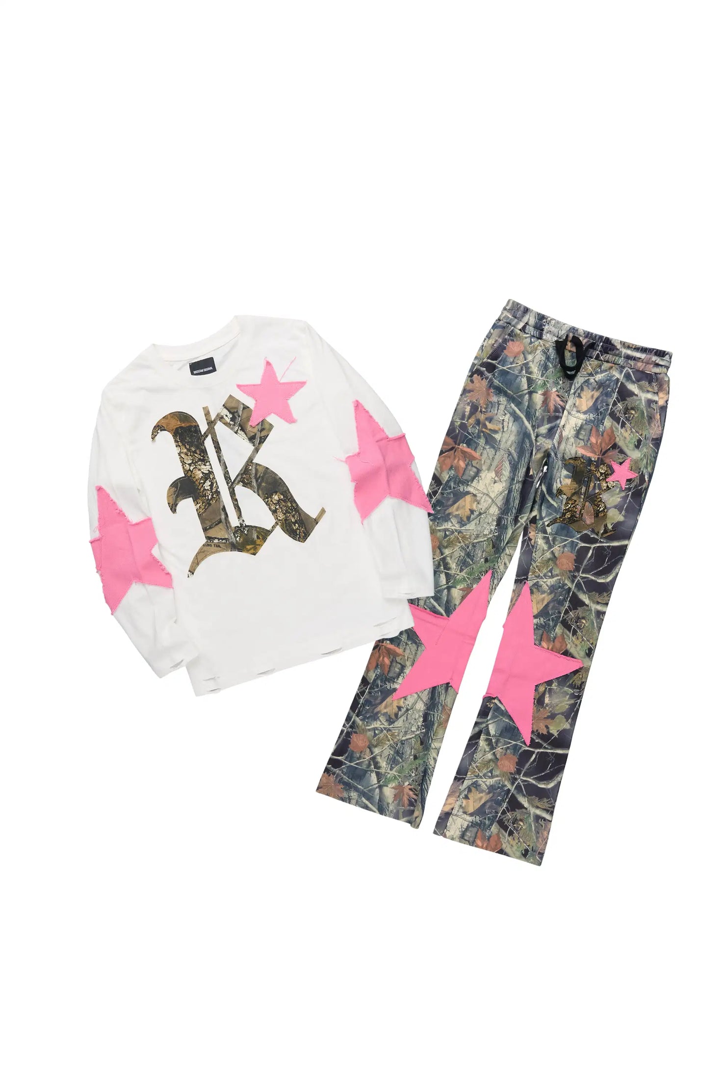 Girls Delgera White/Camo Long Sleeve T-Shirt Track Set