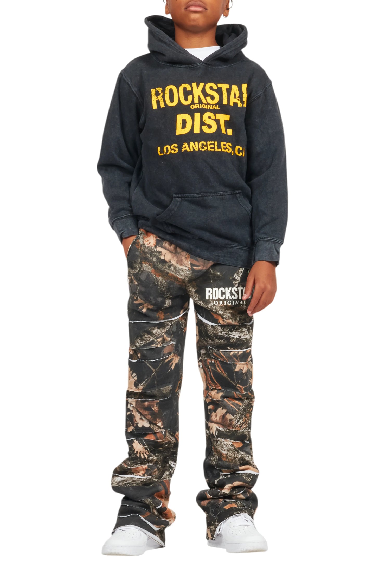 Boys Emilio Black Tree Camo Stacked Flare Track Pant