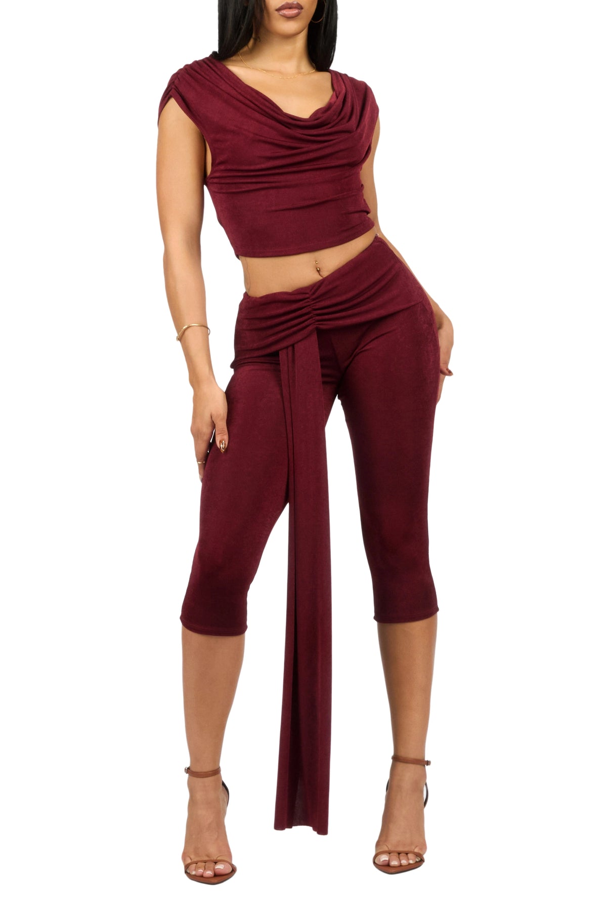 Tie-front V-front Burgundy Capri Set