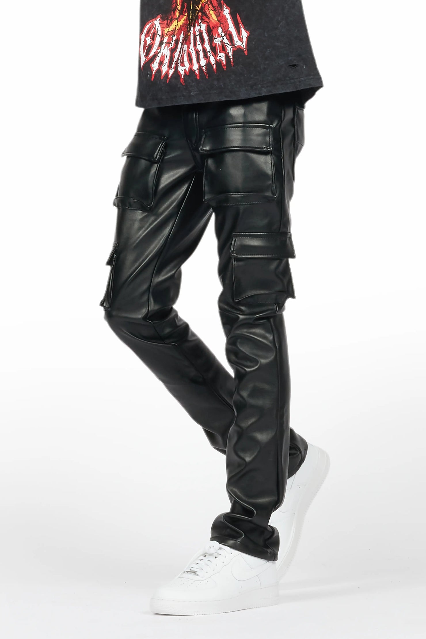 Kap Black Stacked Flare Faux Leather Jean