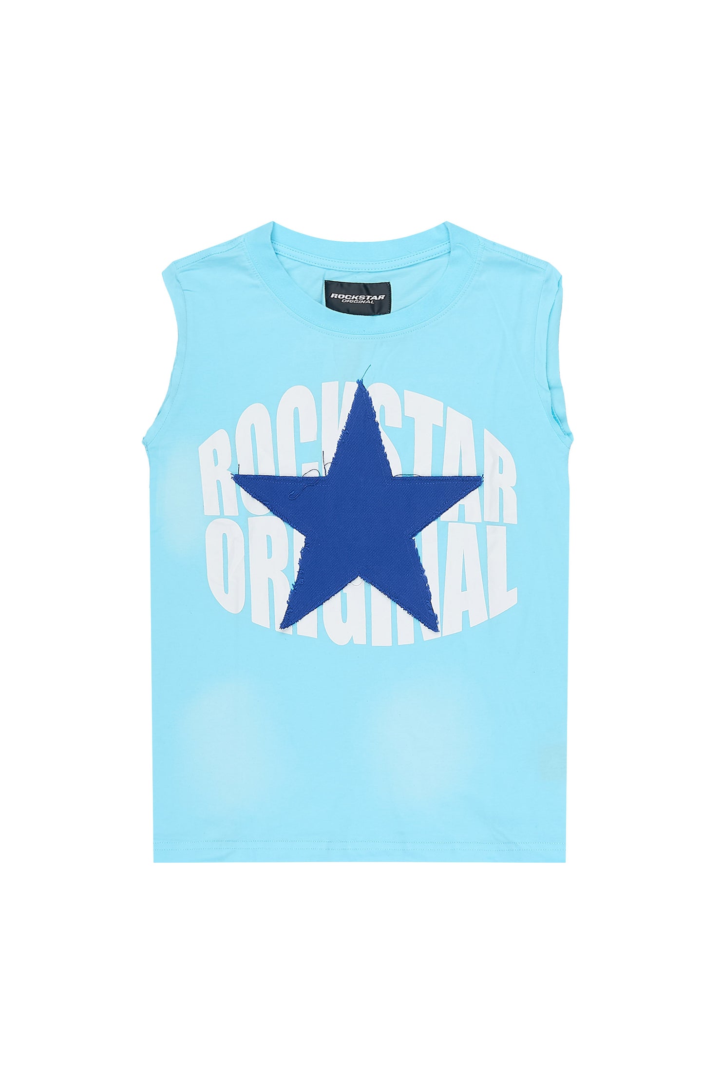 Boys State Light Blue Cut Off Graphic T-Shirt with Patch