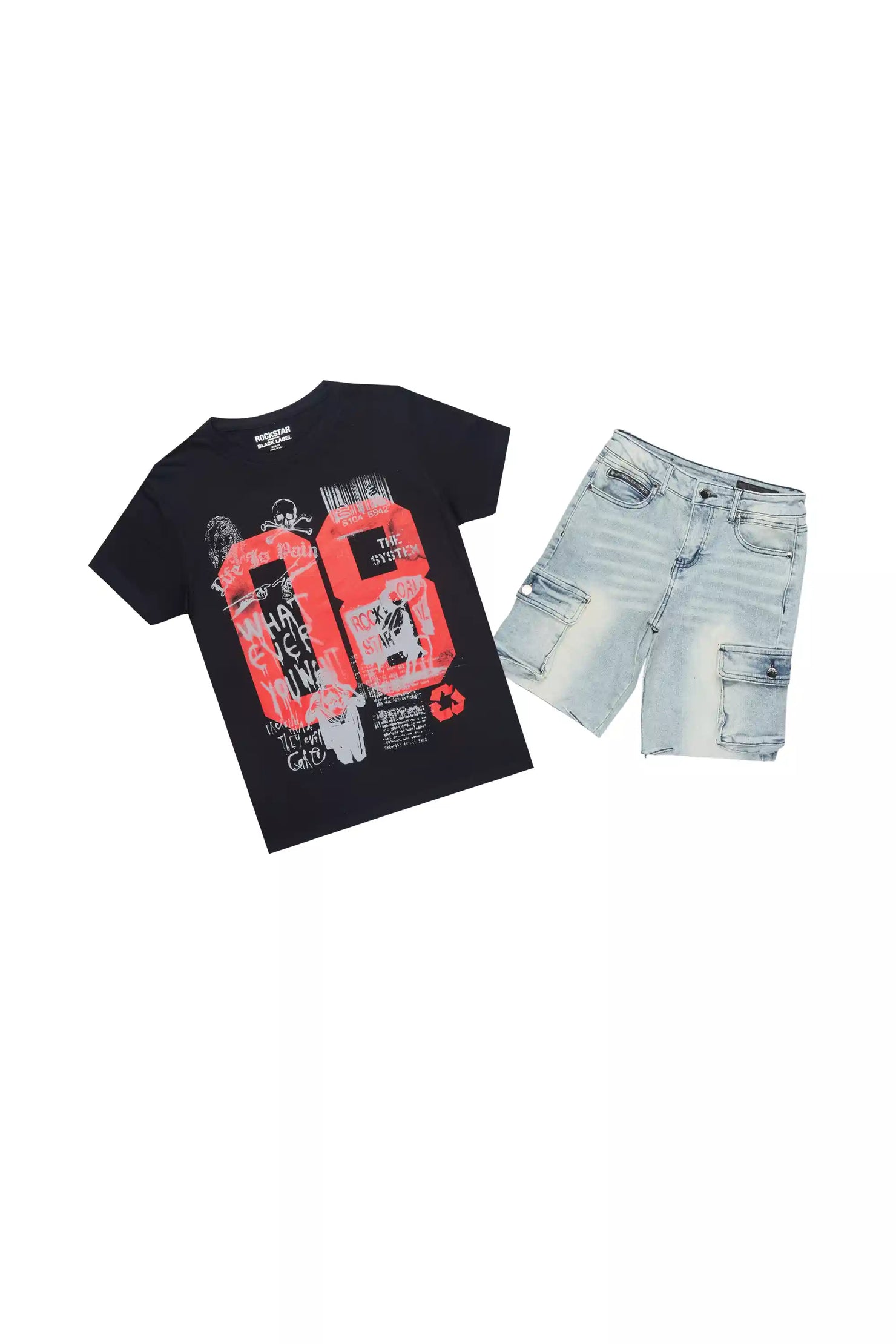 Boys Beau Black/Blue T-Shirt/Denim Short Set