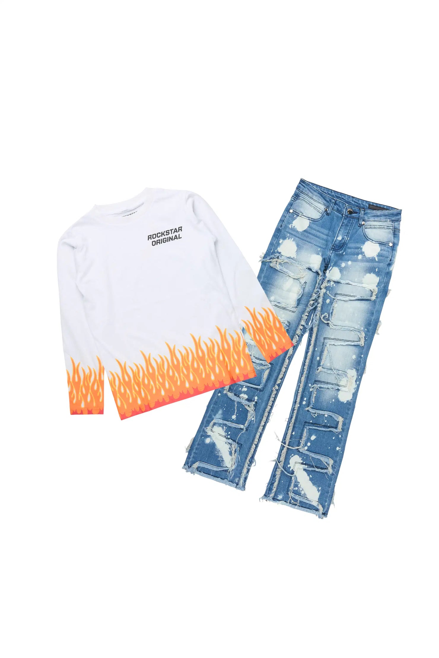 Boys Roeland White Long Sleeve T-Shirt & Laban Blue Bleach Stacked Flare Jean Set