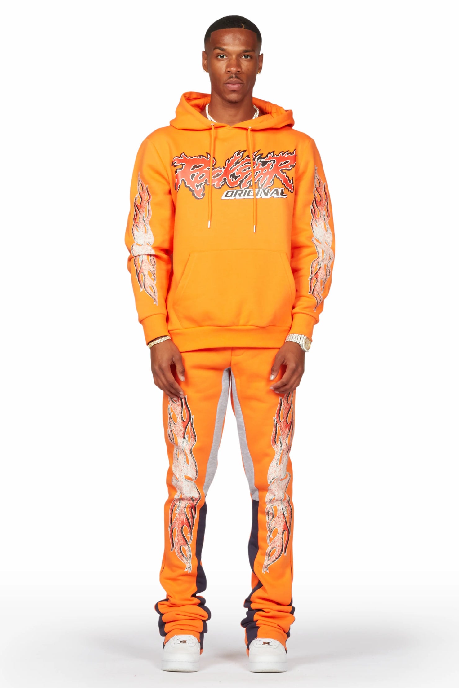 Yash Orange Hoodie Stacked Flare Track Set
