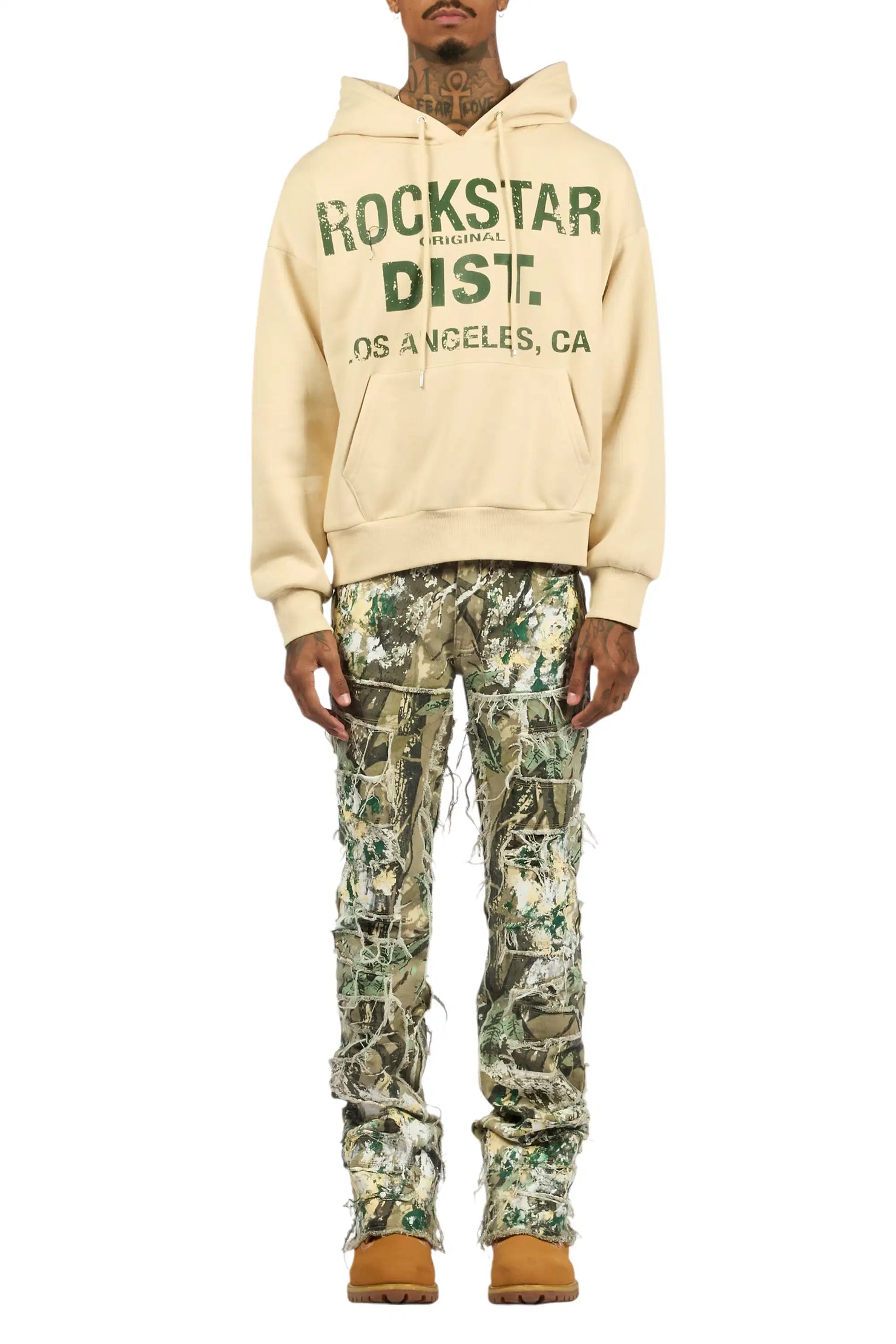 Saxon Beige Camo Hoodie/Stacked Flare Jean Set