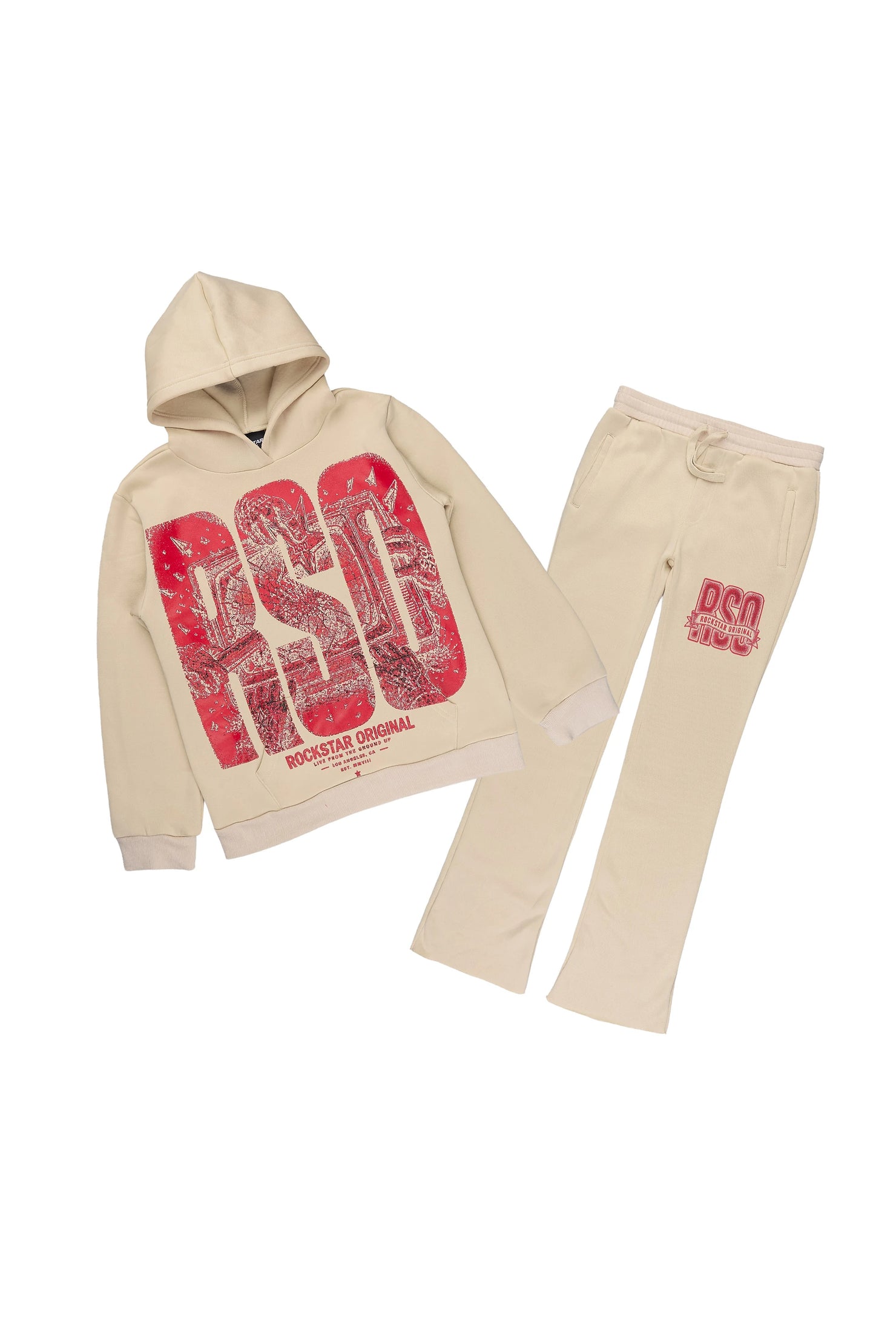 Boys Brando Beige/Burgundy Stacked Hoodie Track Set