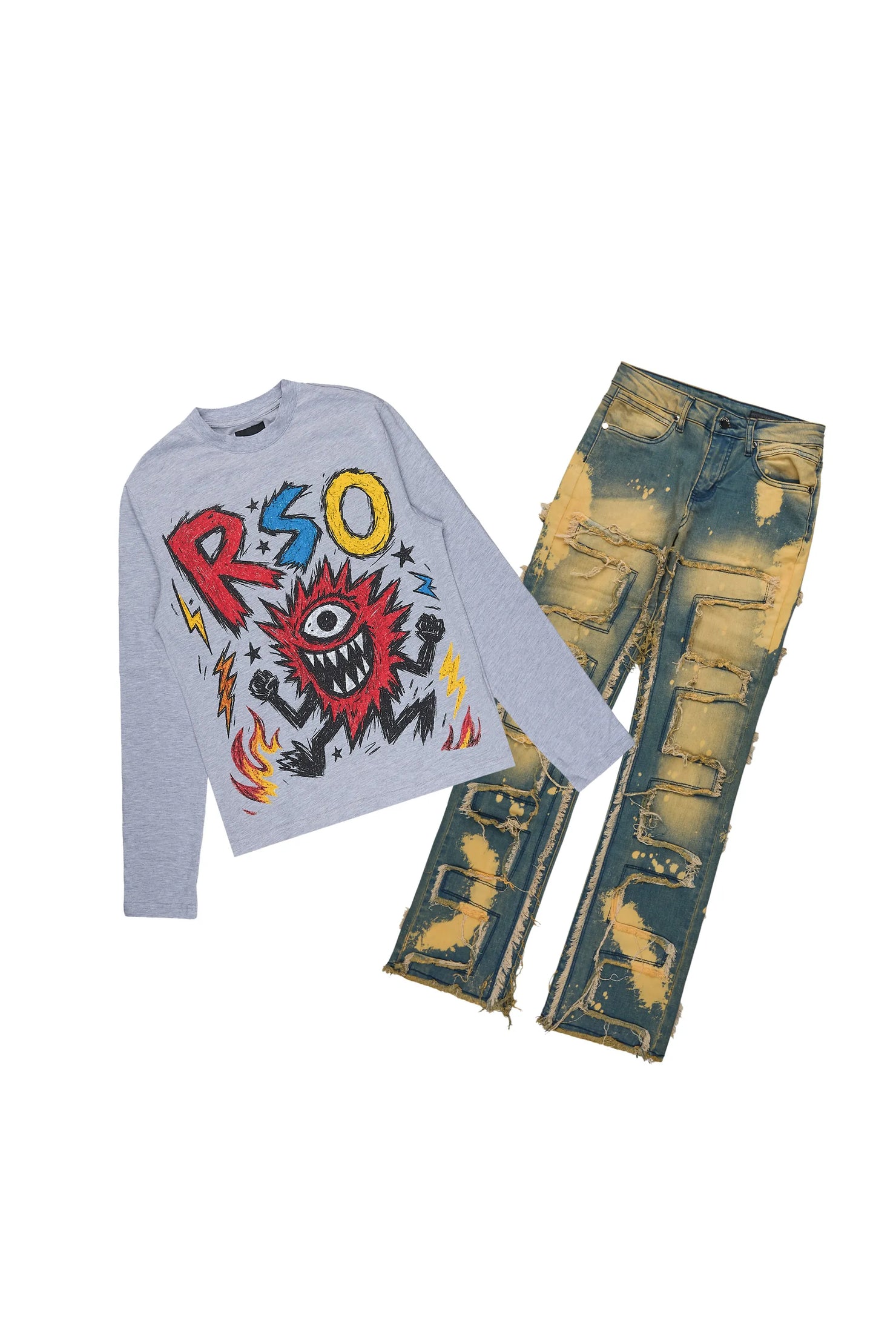 Boys Zesty Grey/Tint Long Sleeve T-Shirt Stacked Jean Set