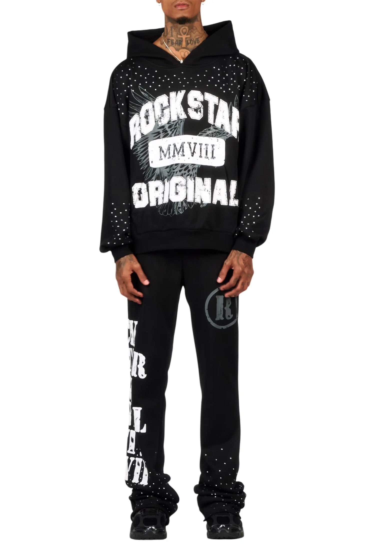 Borya Black Rhinestone Hoodie/Stacked Pant Track Set