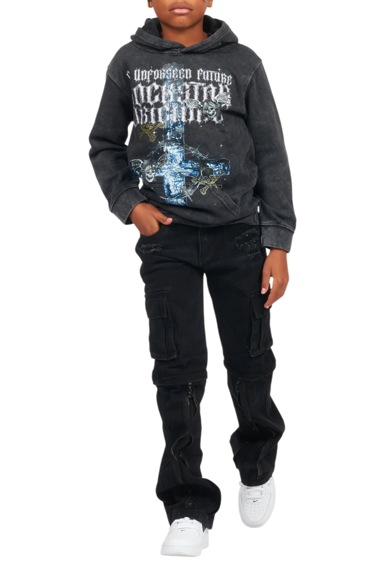 Boys Hagan Vintage Black Hoodie/Stacked Flare Jean Set