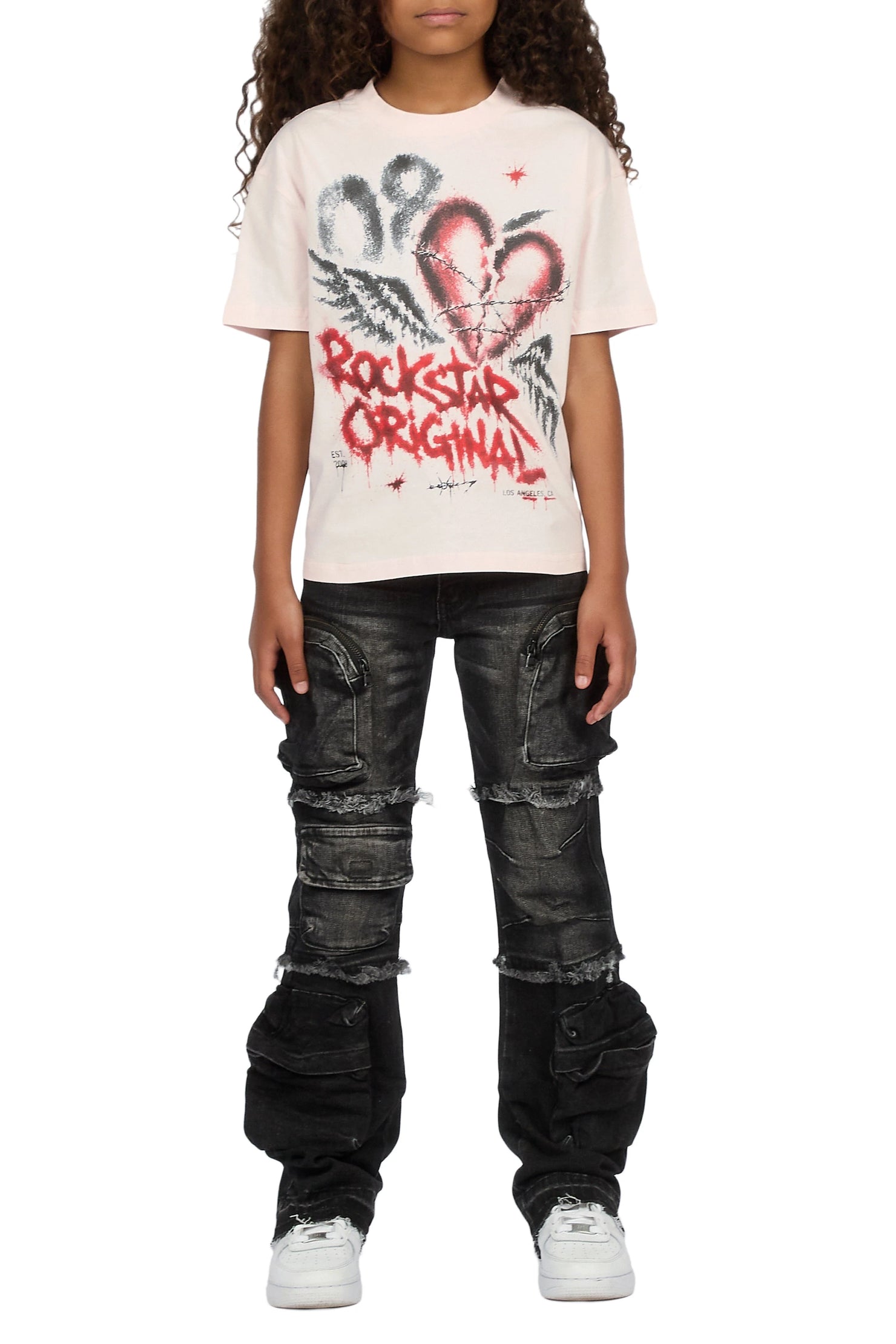 Girls Effigia Light Pink/Dark Grey T-Shirt Stacked Jean Set