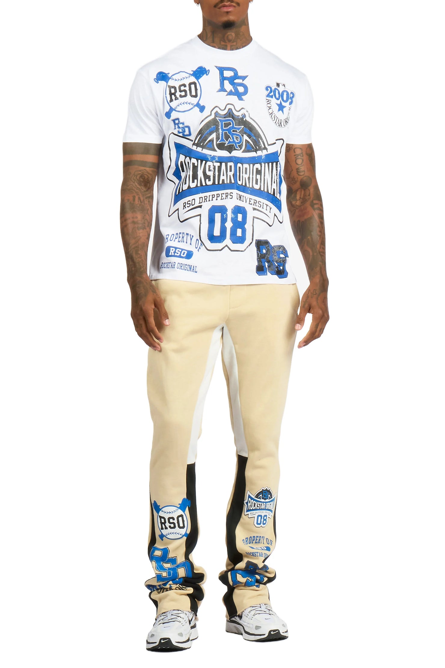 Mavrix White/Beige T-shirt/Stacked Flare Track Pant Set