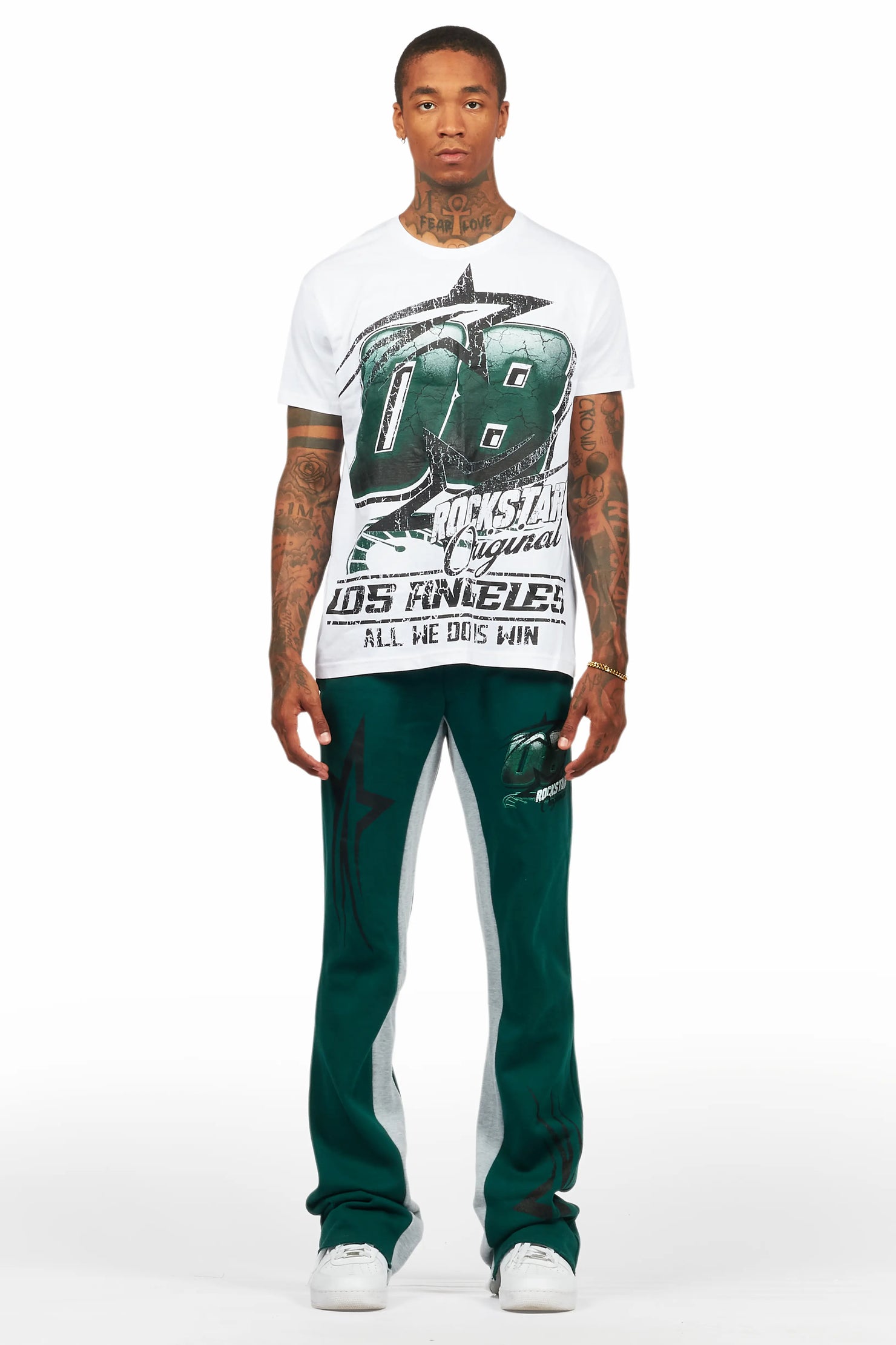 Kastell White/Green T-Shirt/Stacked Baggy Track Pant Set
