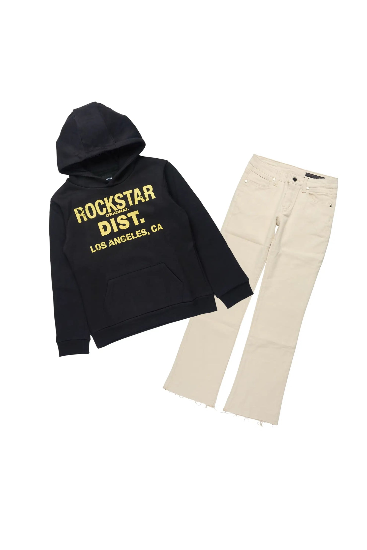 Boys Sana Black Hoodie & Dag Beige Stacked Flare Jean Set