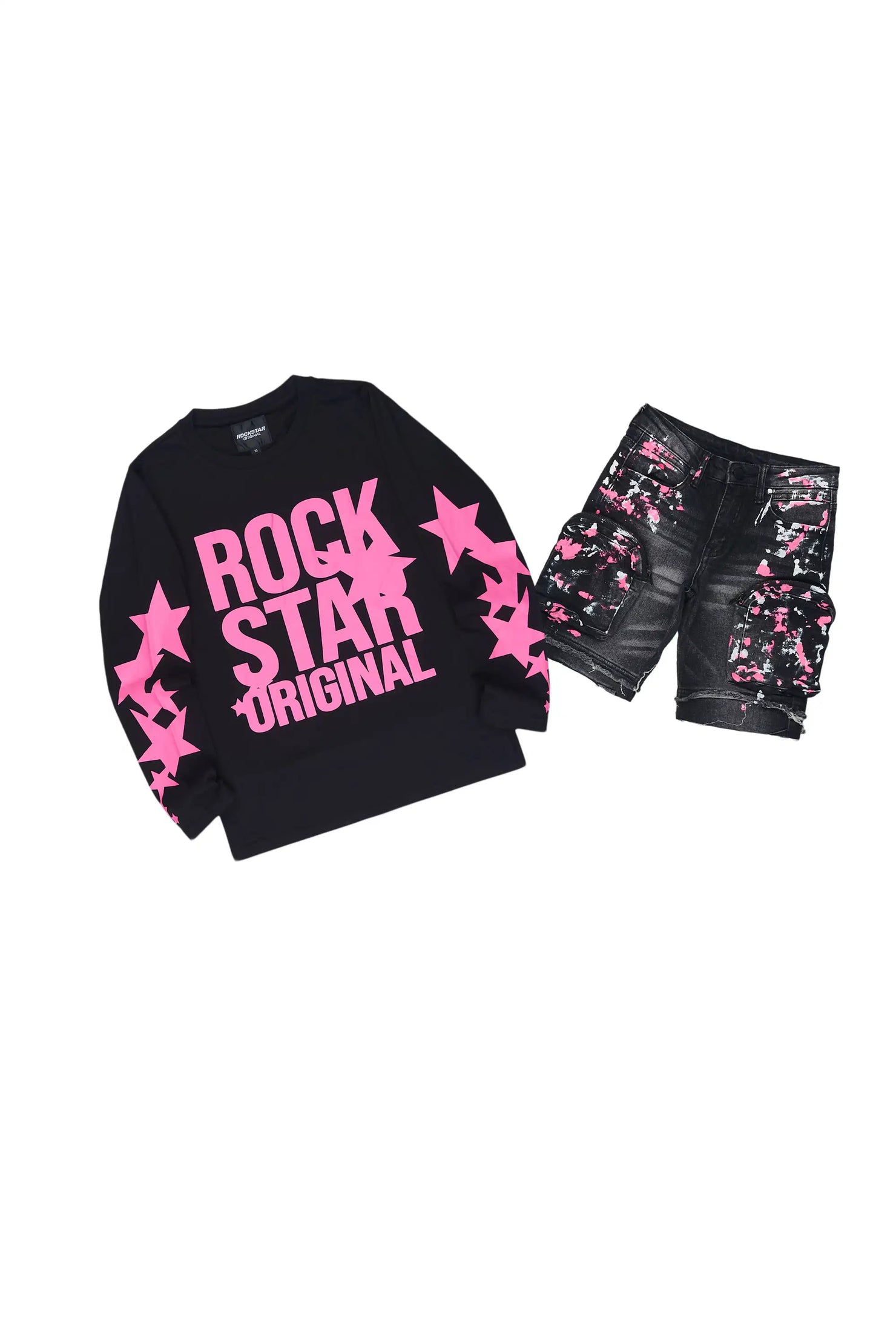 Girls Sechora Black/Dark Grey Long Sleeve T-Shirt Denim Short Set