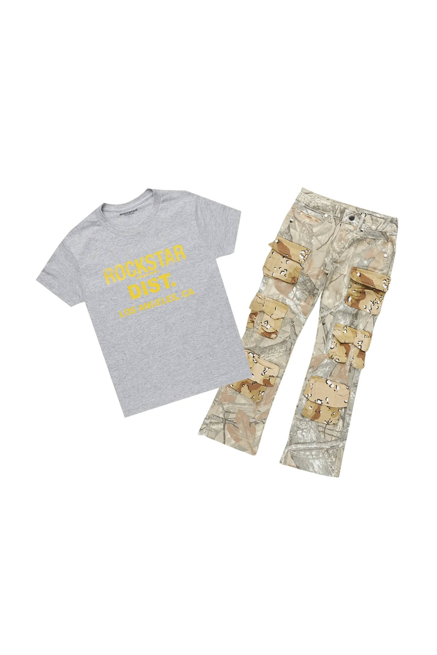 Girls Koen Grey T-Shirt/Stacked Flare Cargo Jean Set