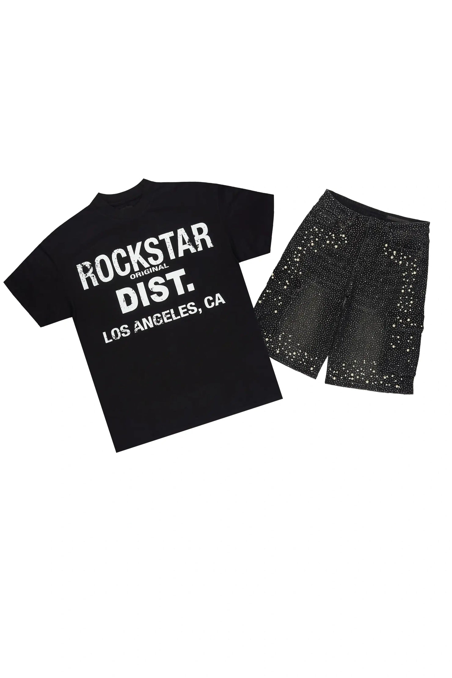 Sevyn Black/Black Rhinestone T-Shirt Denim Jort Set