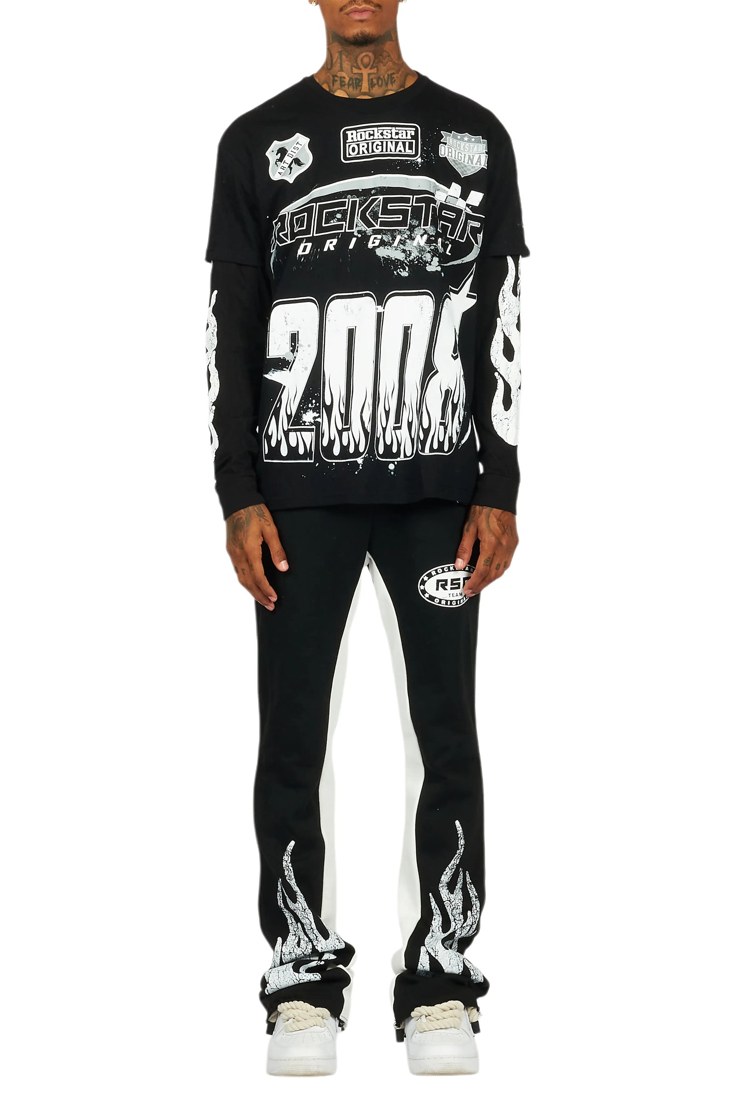 Amos Black Double Layer T-Shirt/Stacked Baggy Pant Set