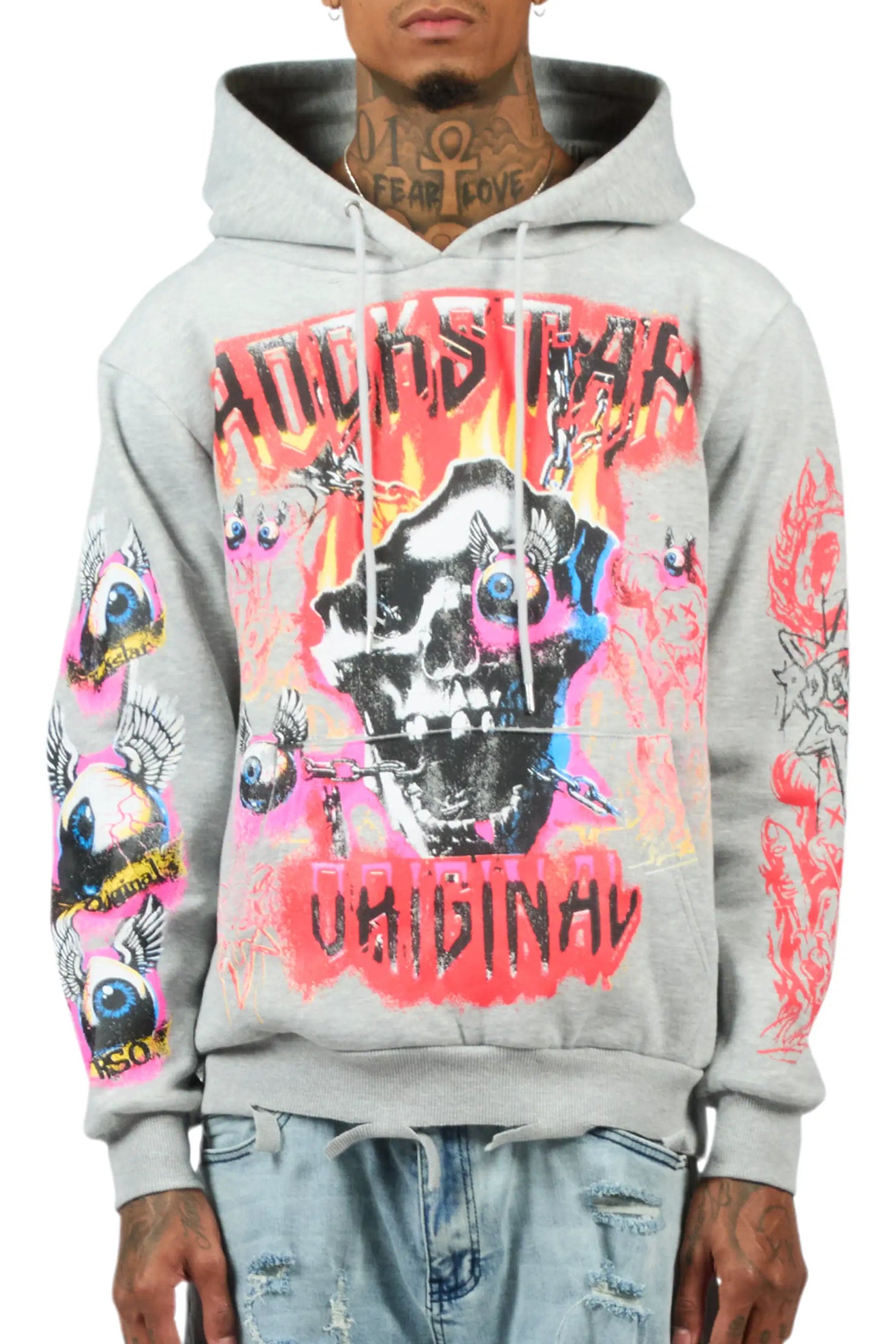 Styxx Heather Grey Distressed Graphic Relaxed Hoodie