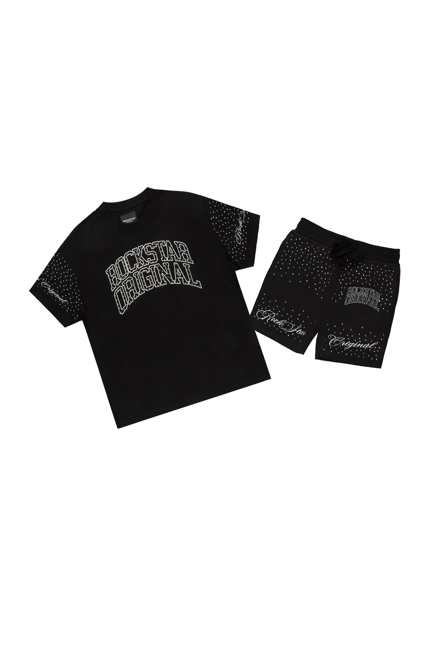 Boys Dripped Black Rhinestone Oversized T-Shirt/Short Set