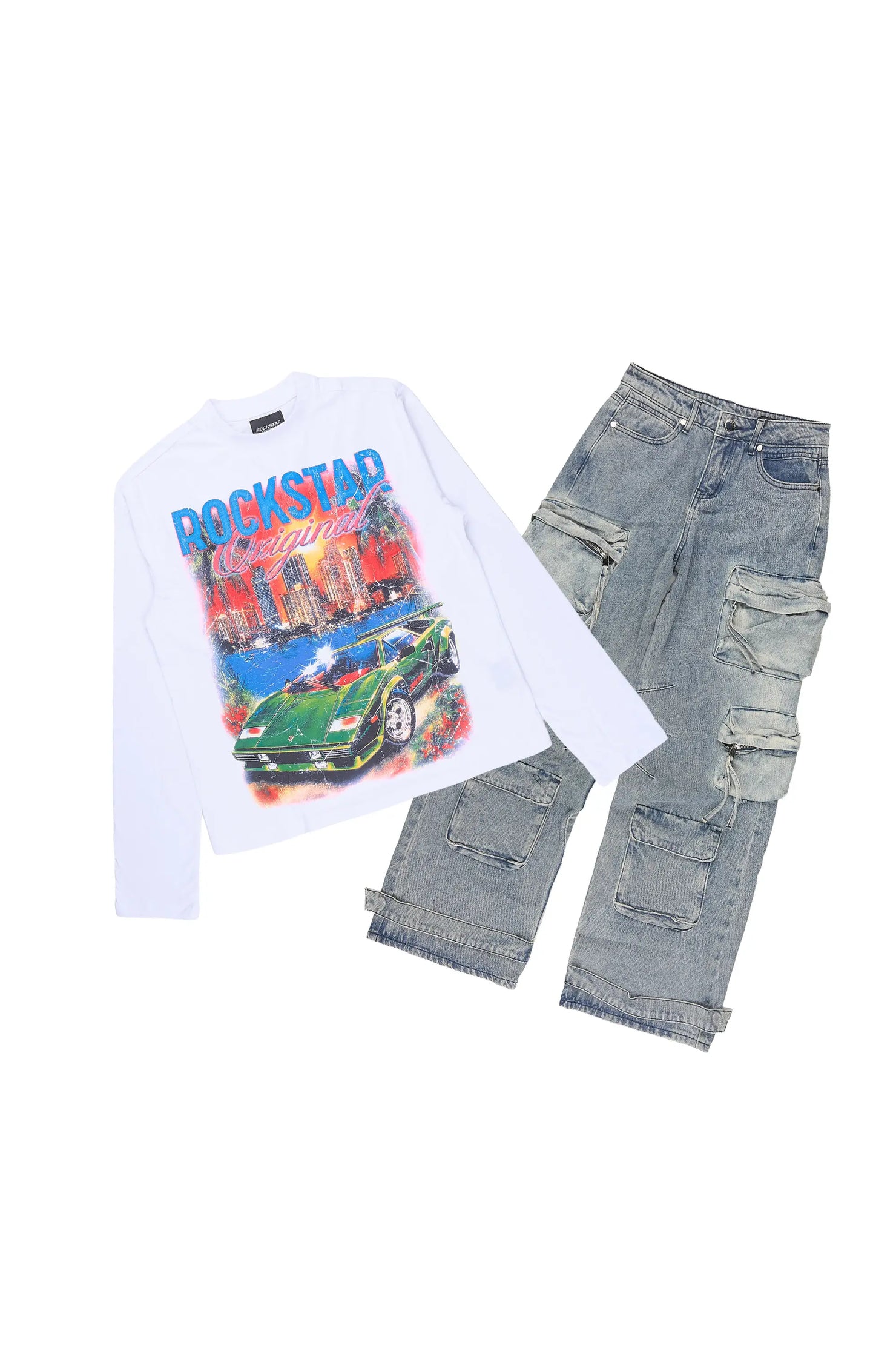 Boys Jhacor White/Blue Long Sleeve T-Shirt Baggy Jean Set