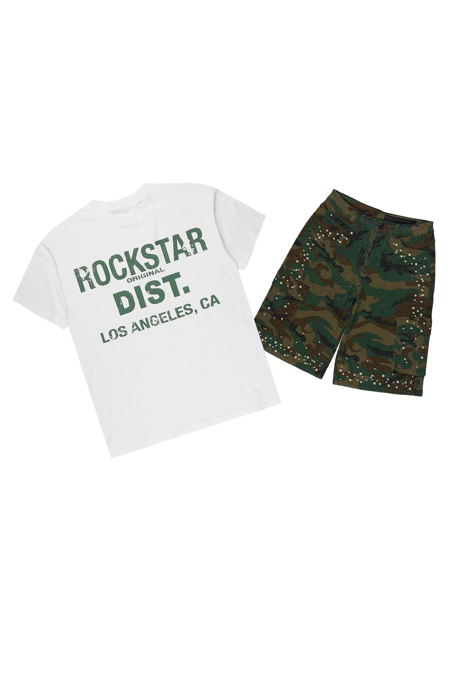 Sevyn White/Camo Rhinestone T-Shirt Denim Short Set