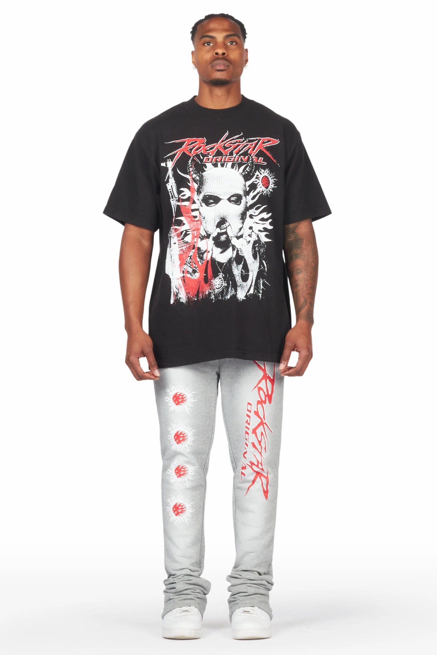 Mercy Black/Grey Oversized T-Shirt/ Stacked Flare Track Pant Set