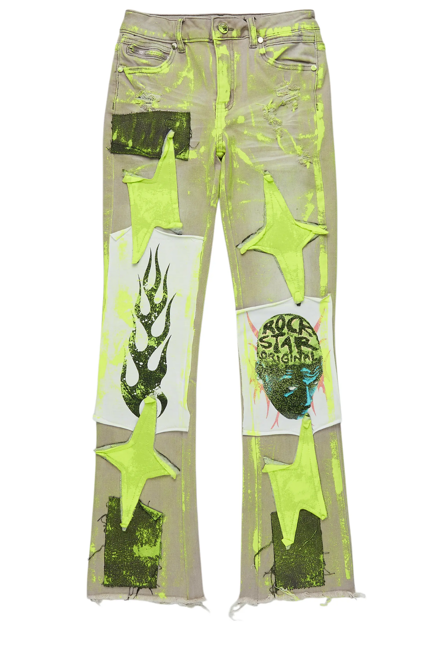 Boys Edge Grey/Yellow Roller Paint Stacked Flare Jean