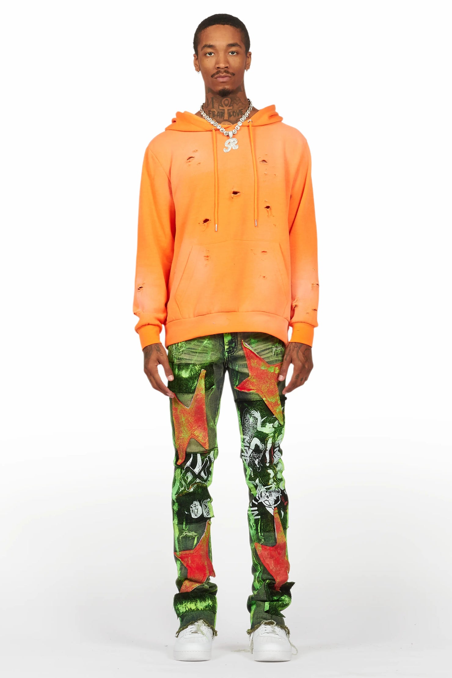 Valko Blue/Green Roller Paint Stacked Flare Jean