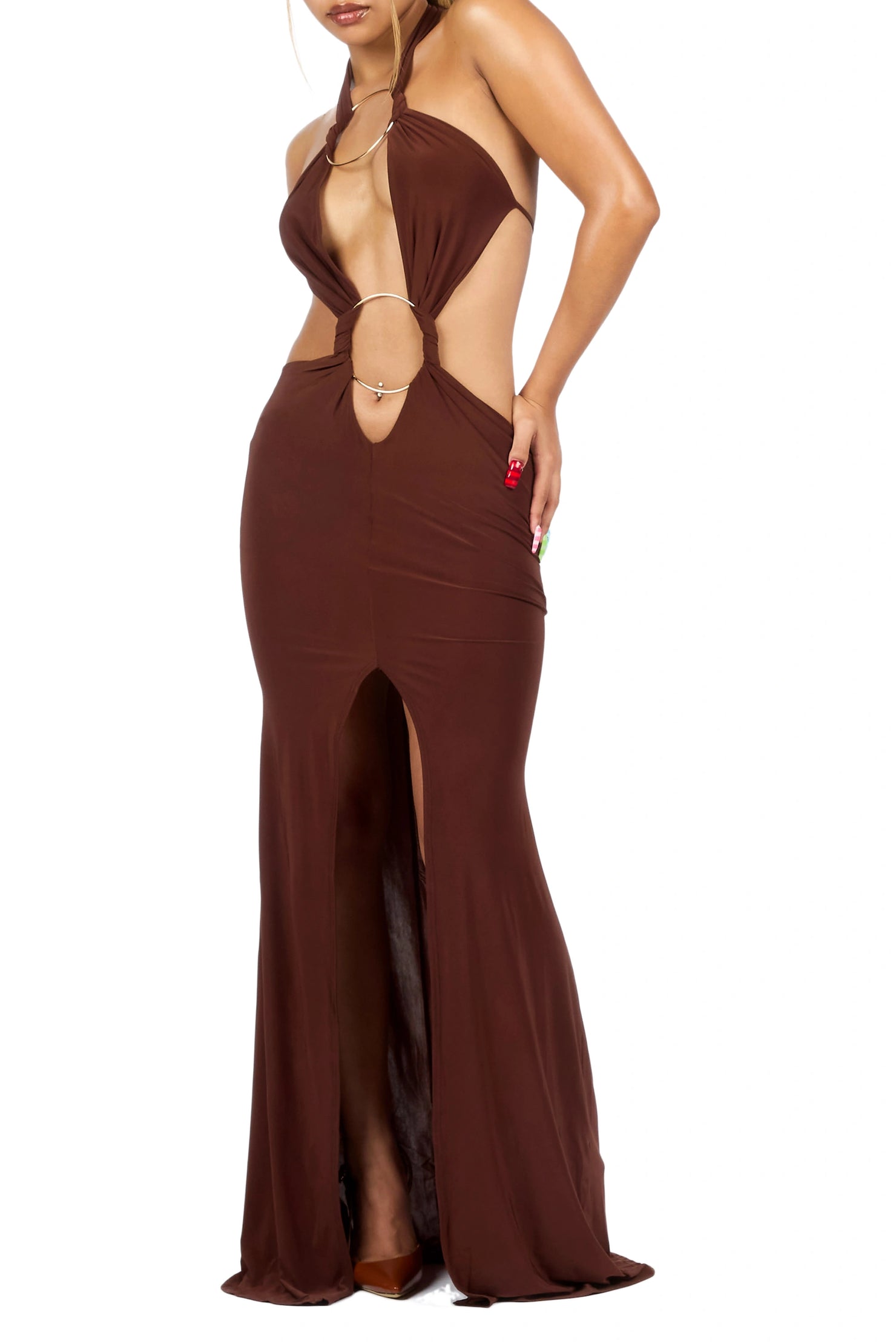 Two-Ring Chocolate Maxi Cut-Out Dress