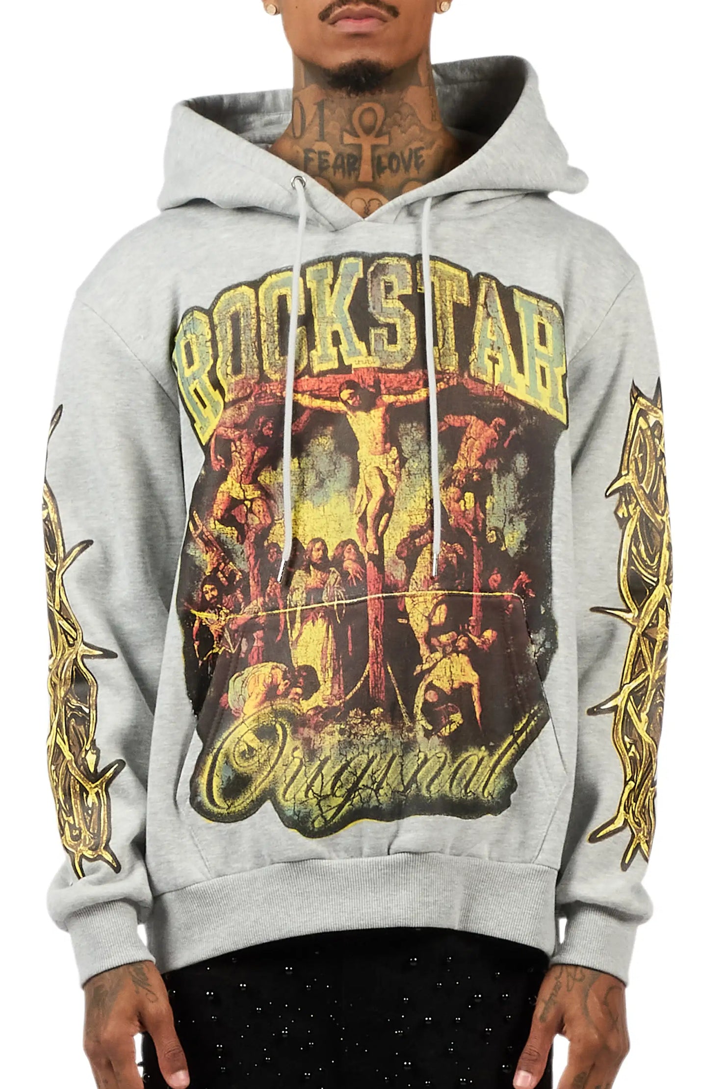 Waller Heather Grey Graphic Distressed Hoodie