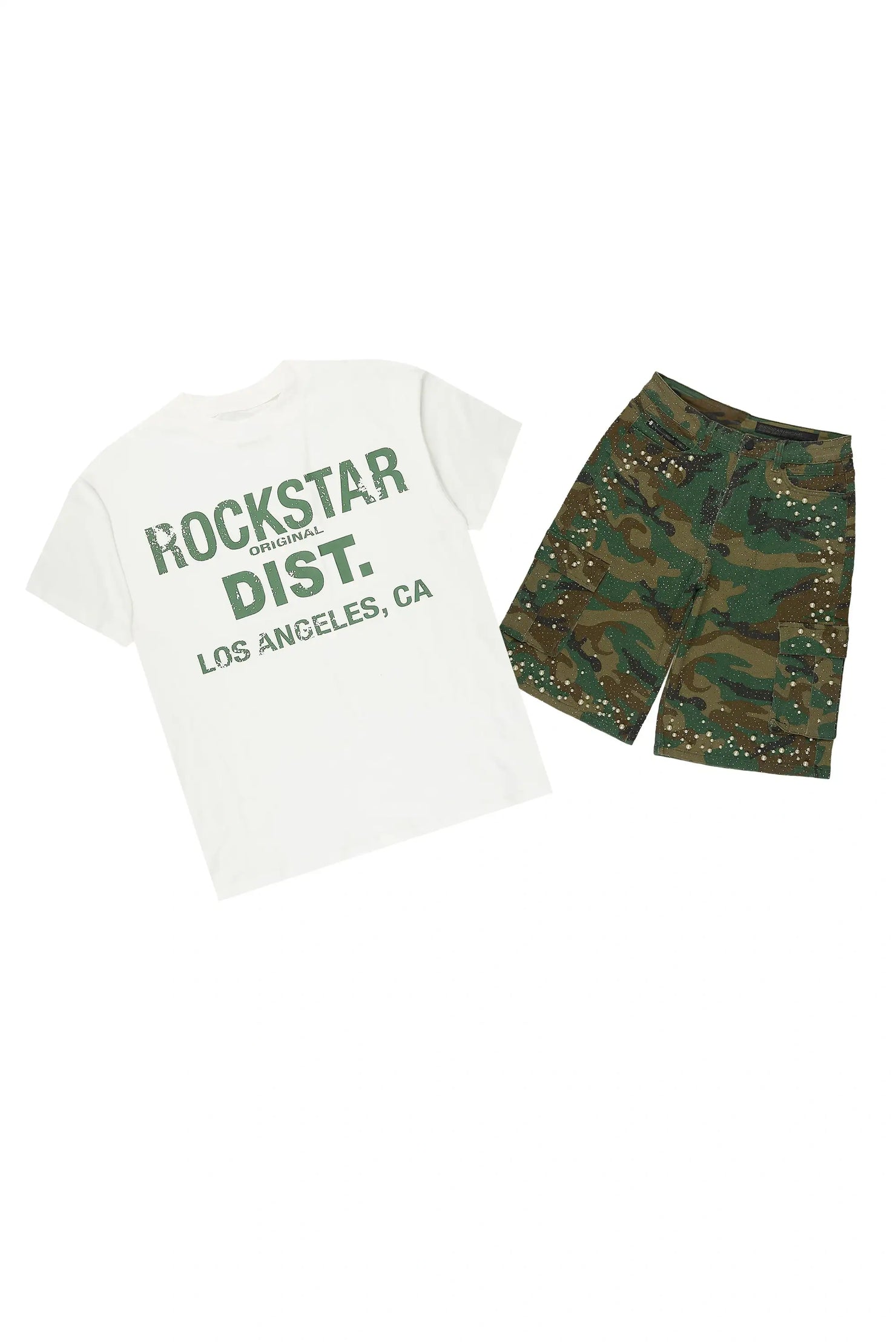 Sevyn White/Camo Rhinestone T-Shirt Denim Jort Set