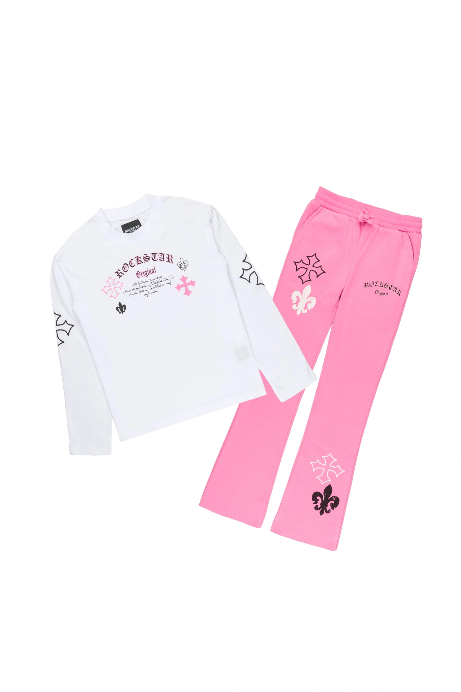 Girls Deshunique White/Pink Long Sleeve T-Shirt Track Set
