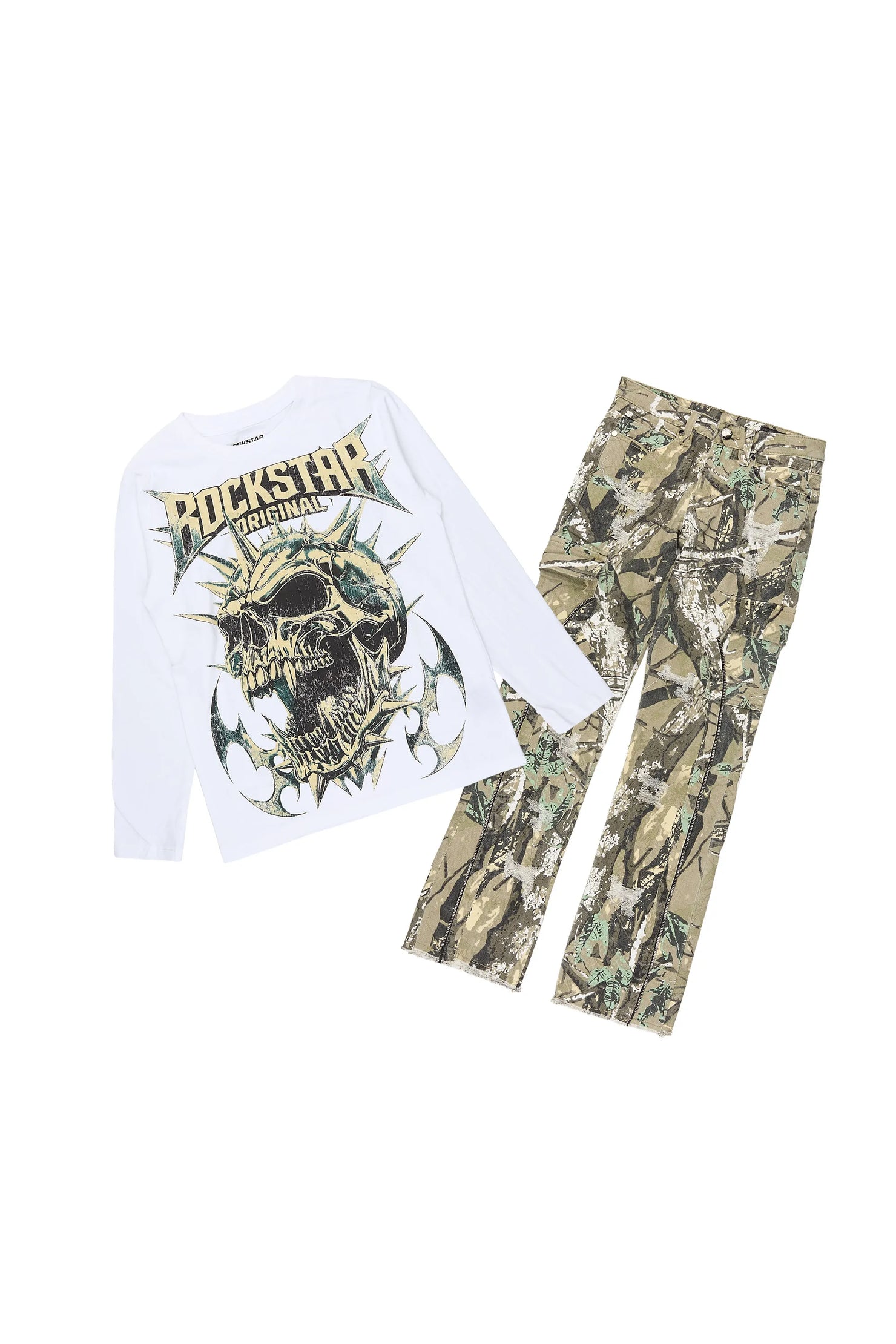 Boys Boos White/Tree Camo Long Sleeve T-shirt Stacked Jean Set